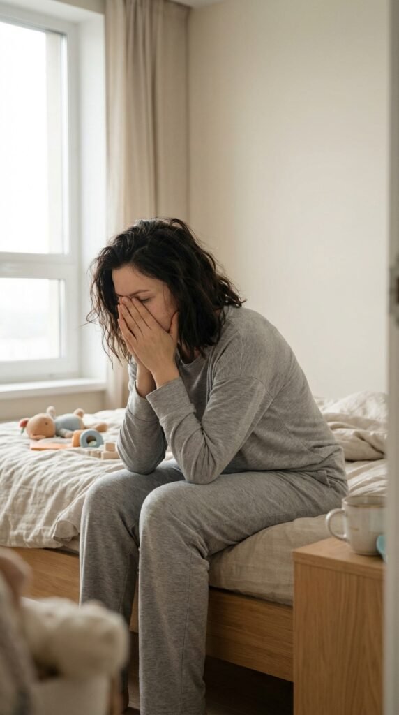 Mother experiencing mom burnout and morning exhaustion sitting on bed feeling emotionally drained before the day starts