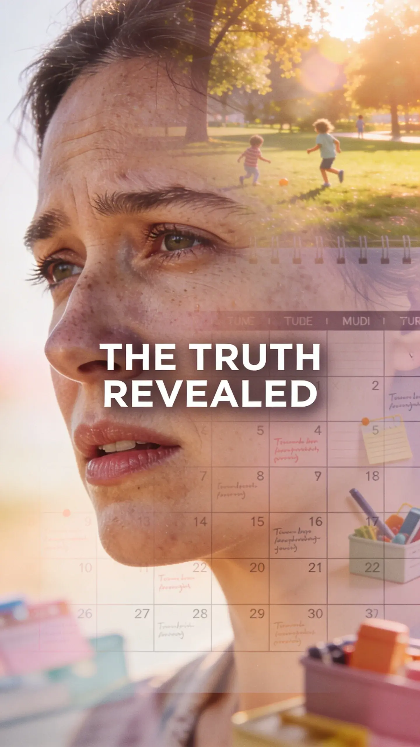 DOUBLE EXPOSURE: DOUBLE EXPOSURE, BASE: vertical 9:16, ultra-tall composition, SCENE: A double exposure image where the primary layer is a close-up of a parent's face (mid-30s, tired but determined), looking weary and slightly overwhelmed, overlaid with a faint, ghostly image of a blurred calendar grid filled with appointments and multiple overlapping objects representing endless tasks, and in the background, a serene, sunlit park where children are faintly visible playing freely, photorealistic, 8K, shallow depth of field, warm pastel tones, film aesthetic, no logos, no watermarks, TEXT POSITION: CENTER, OVERLAY: text says exactly: "THE TRUTH REVEALED", bold readable font, high contrast white on dark, LIGHT: Soft, diffused natural light for the face; bright, warm sunlight for the park scene, MOOD: Exhausted, longing, hopeful, complex