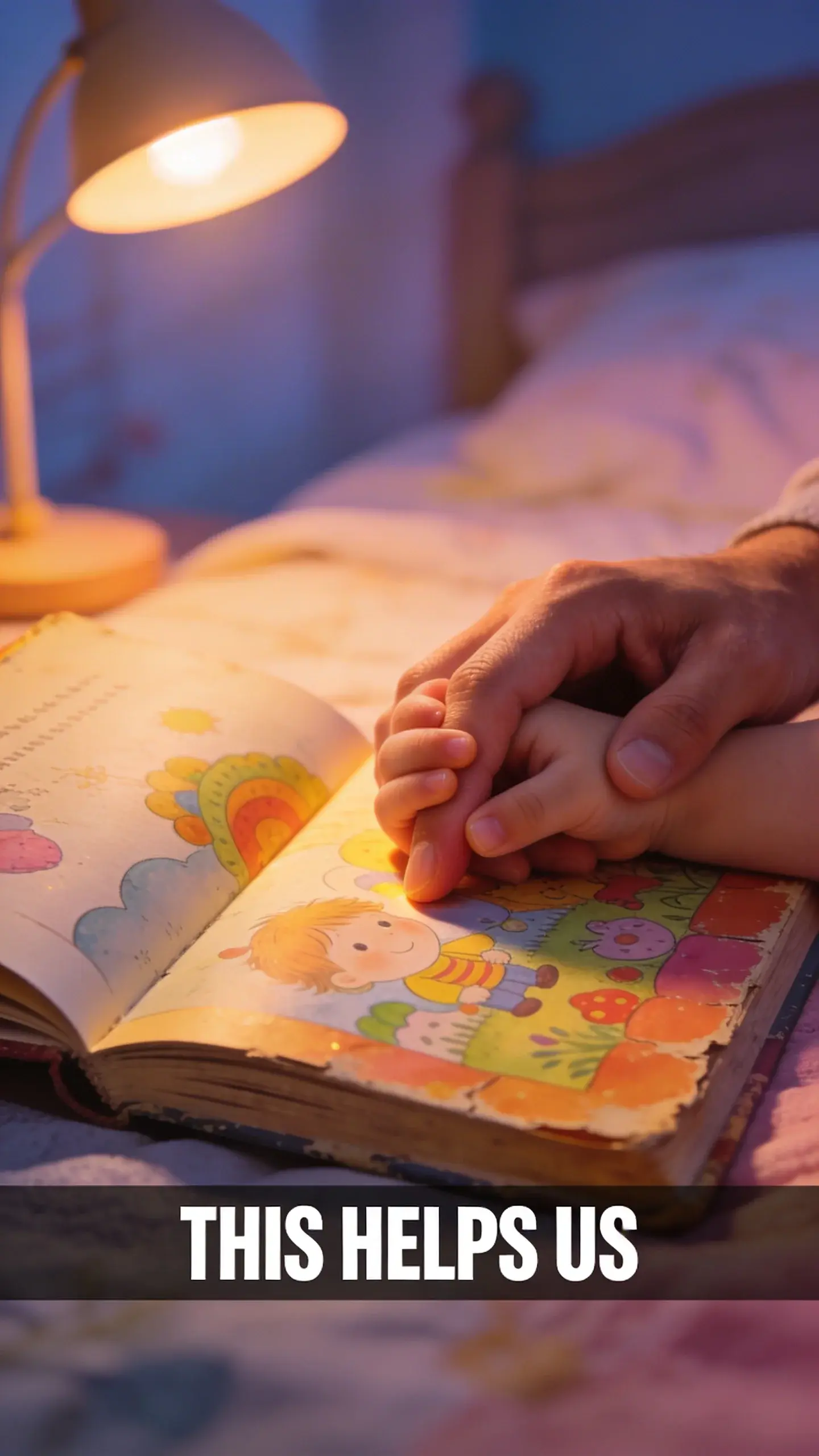 MACRO EMOTION: MACRO EMOTION, BASE: vertical 9:16, ultra-tall composition, SCENE: A tight macro shot of a child's small hand (approx. 4 years old) gently holding a parent's index finger, both hands resting on a worn, colorful storybook open to a whimsical illustration. The scene is illuminated by a warm, soft glow from a bedside lamp at twilight, emphasizing the tender connection and the importance of these small, intimate moments, photorealistic, 8K, shallow depth of field, warm pastel tones, film aesthetic, no logos, no watermarks, TEXT POSITION: BOTTOM-CENTER, OVERLAY: text says exactly: "THIS HELPS US", bold readable font, high contrast white on dark, LIGHT: Soft, warm glow from a bedside lamp, MOOD: Tender, intimate, cherished, loving