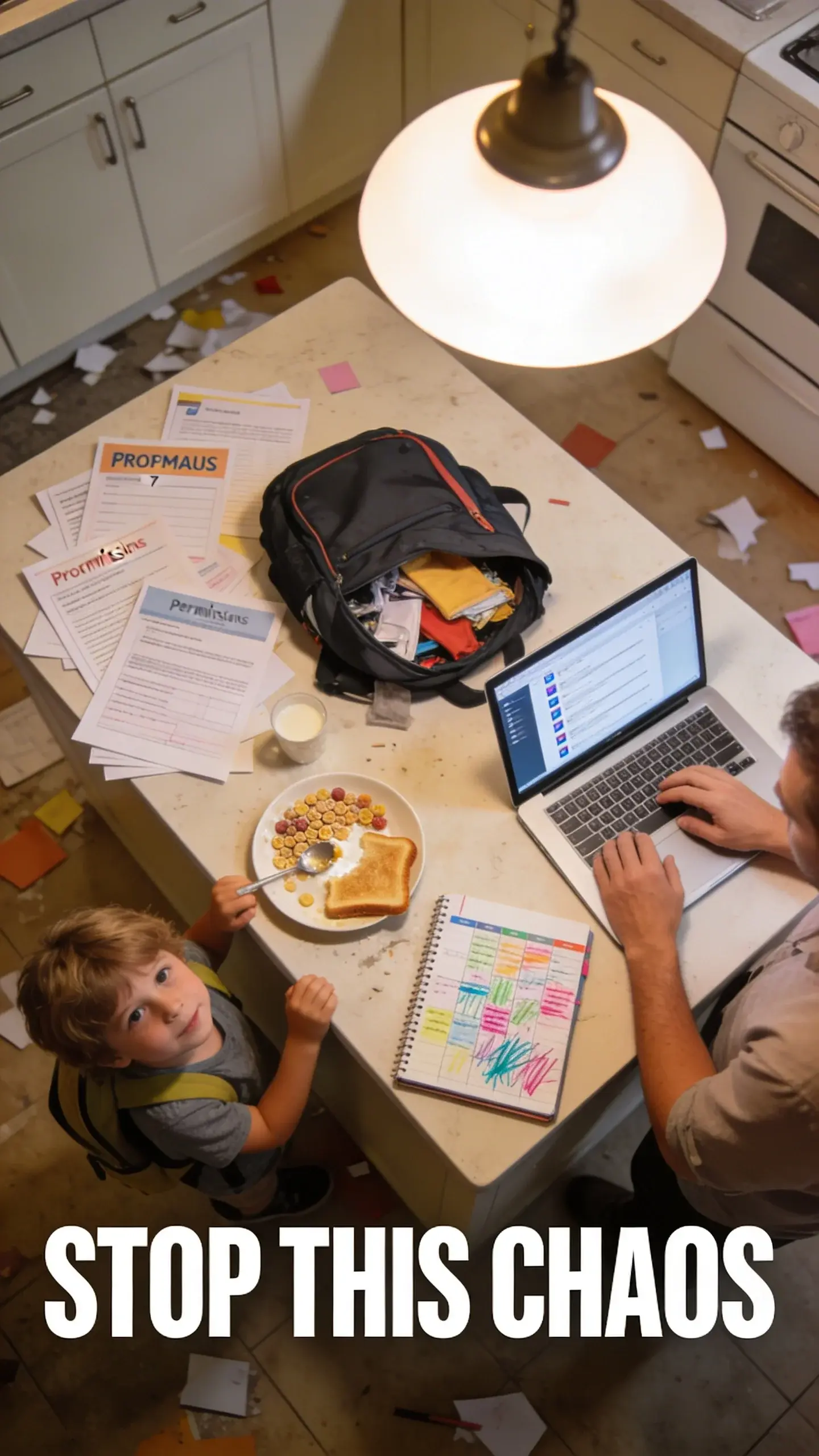 FLAT LAY OVERHEAD: FLAT LAY OVERHEAD, BASE: vertical 9:16, ultra-tall composition, SCENE: A messy kitchen island at 7 AM, covered with school permission slips, a half-eaten breakfast of cereal and toast, a child's backpack spilling contents, a parent's open laptop displaying emails, and a physical planner with too many entries scribbled in different colors, showing the overwhelming start to a busy day, photorealistic, 8K, shallow depth of field, warm pastel tones, film aesthetic, no logos, no watermarks, TEXT POSITION: BOTTOM, OVERLAY: text says exactly: "STOP THIS CHAOS", bold readable font, high contrast white on dark, LIGHT: Bright, even overhead kitchen light, MOOD: Overwhelmed, chaotic, stressed, busy