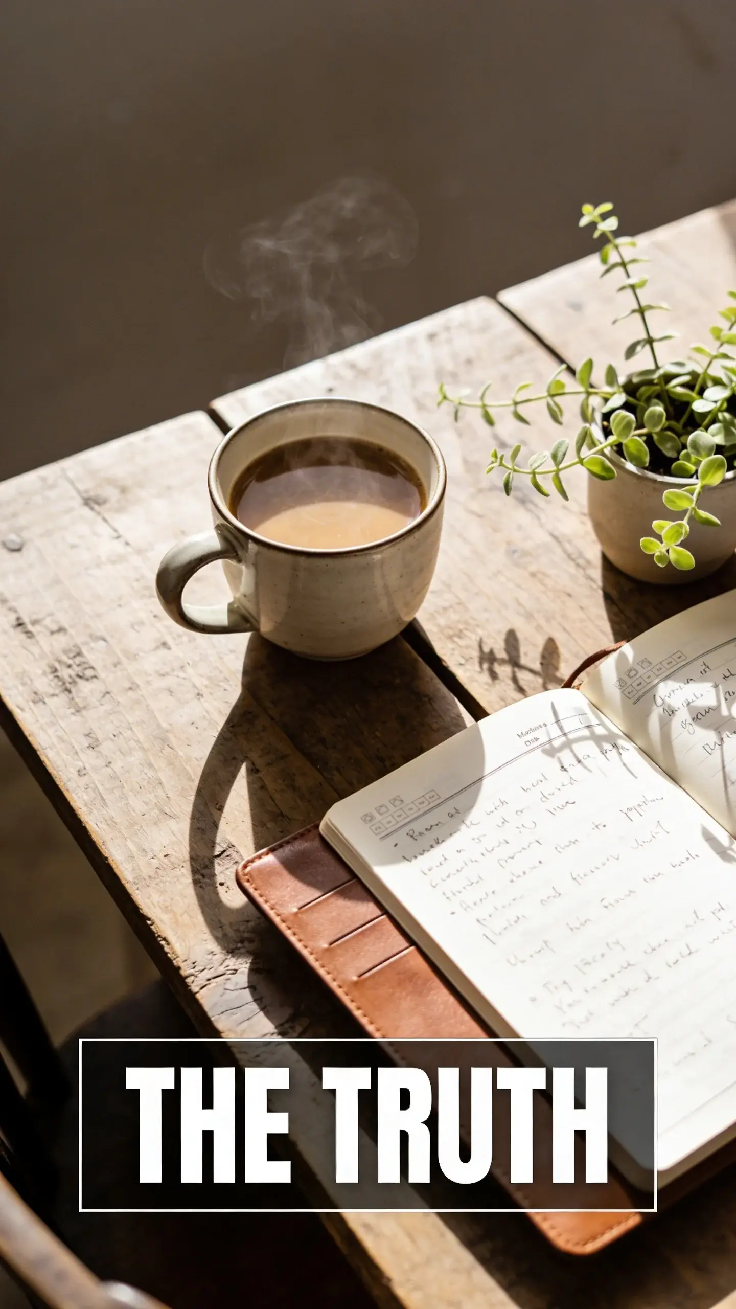 **FLAT LAY OVERHEAD**: FLAT LAY OVERHEAD, **BASE**: vertical 9:16, ultra-tall composition, **SCENE**: A perfectly arranged flat lay overhead shot on a rustic wooden table, showcasing a steaming ceramic mug of coffee, an open leather-bound journal with handwritten notes, a delicate green plant in a small pot, and soft morning light casting gentle shadows. This scene embodies a quiet, reflective start to the day, celebrating the simple ritual of contemplation., **TEXT POSITION**: BOTTOM, **OVERLAY**: text says exactly: "THE TRUTH", bold readable font, high contrast white on dark, **LIGHT**: Soft morning light, **MOOD**: Peaceful, reflective, calm, cozy, photorealistic, 8K, shallow depth of field, warm pastel tones, film aesthetic, no logos, no watermarks