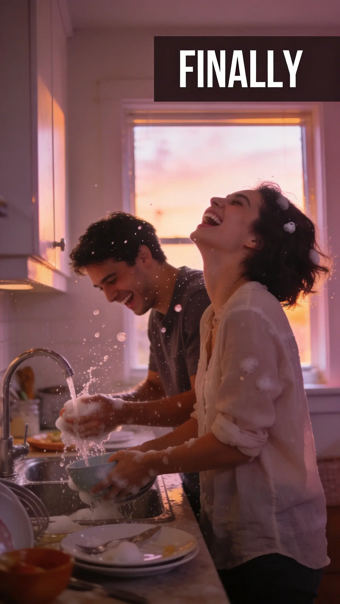 **LIFESTYLE CANDID**: LIFESTYLE CANDID, **BASE**: vertical 9:16, ultra-tall composition, **SCENE**: A candid, unposed lifestyle shot capturing a young couple sharing a genuine moment of laughter and connection while doing dishes together in their cozy kitchen after dinner. One person playfully splashes water at the other, whose head is thrown back in joyful laughter, with suds and water droplets visible. Warm evening light streams in through a window, illuminating the domestic scene., **TEXT POSITION**: TOP-RIGHT, **OVERLAY**: text says exactly: "FINALLY", bold readable font, high contrast white on dark, **LIGHT**: Warm evening light, **MOOD**: Joyful, authentic, playful, connected, photorealistic, 8K, shallow depth of field, warm pastel tones, film aesthetic, no logos, no watermarks