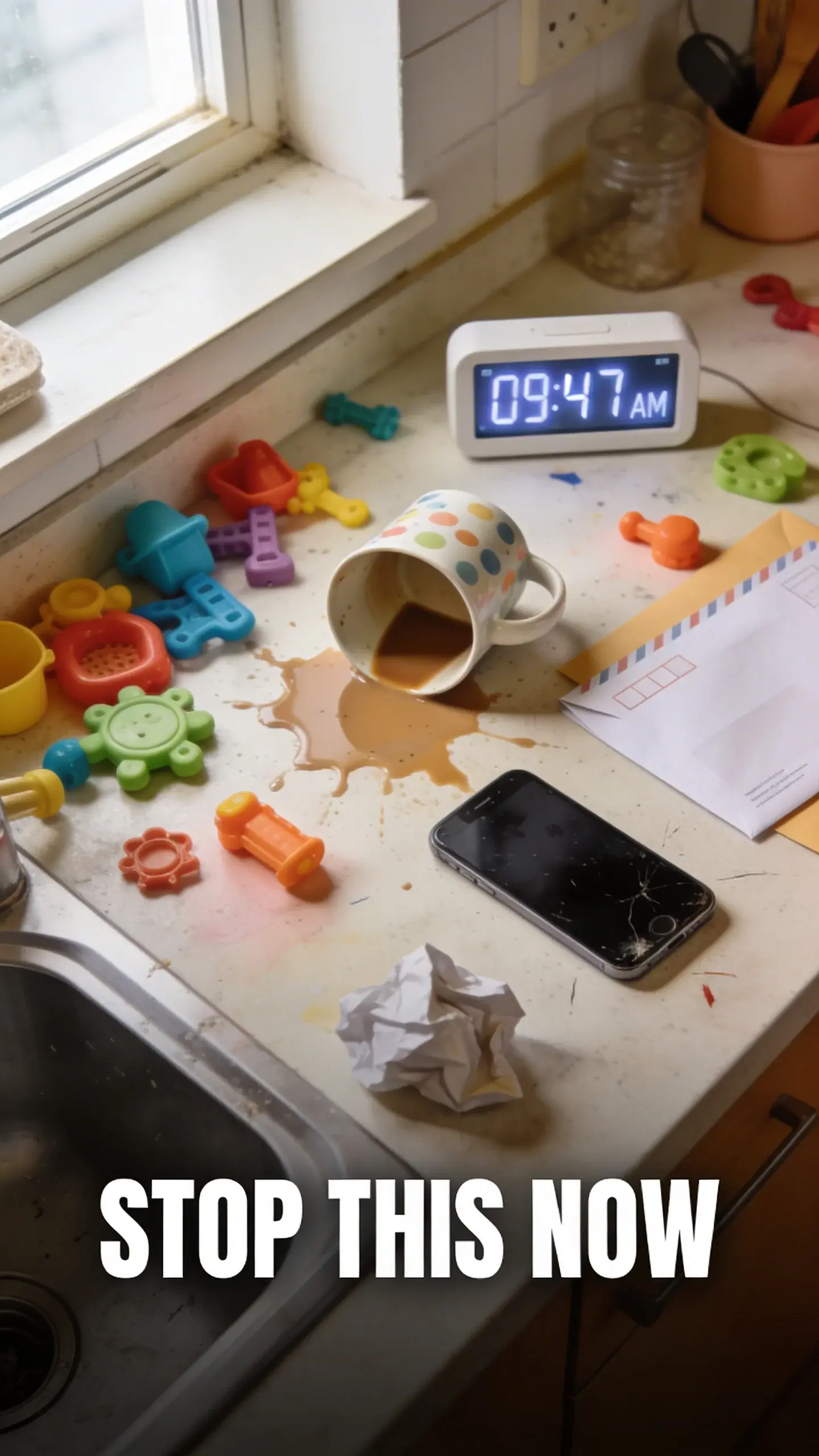 **FLAT LAY OVERHEAD**: FLAT LAY OVERHEAD, **BASE**: vertical 9:16, ultra-tall composition, **SCENE**: A chaotic kitchen counter at 9 AM, seen directly from above: a half-empty, spilled coffee mug, colorful plastic children's toys scattered, a dead smartphone screen, a crumpled unopened mail envelope, and a digital clock displaying "09:47 AM". The scene captures the overwhelming start to a day, reflecting the immediate triggers of lost patience. photorealistic, 8K, shallow depth of field, warm pastel tones, film aesthetic, no logos, no watermarks, **TEXT POSITION**: BOTTOM, **OVERLAY**: text says exactly: "STOP THIS NOW", bold readable font, high contrast white on dark, **LIGHT**: Bright, even overhead natural light from a window, **MOOD**: Overwhelmed, chaotic, frustrating