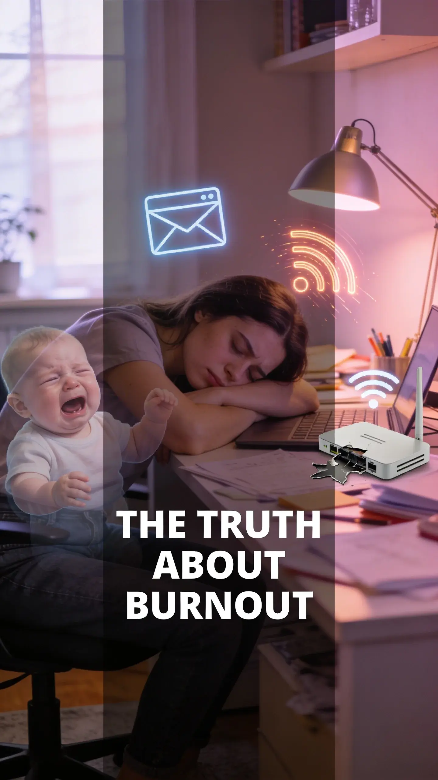 **DOUBLE EXPOSURE**: DOUBLE EXPOSURE, **BASE**: vertical 9:16, ultra-tall composition, **SCENE**: A young woman in her late 20s, with a look of deep exhaustion and frustration, sitting slumped at her cluttered home office desk at midday. Overlaid subtly on her figure are transparent images of a crying baby, a rapidly flashing email notification icon, and a broken Wi-Fi router, symbolizing the internal and external pressures. photorealistic, 8K, shallow depth of field, warm pastel tones, film aesthetic, no logos, no watermarks, **TEXT POSITION**: CENTER, **OVERLAY**: text says exactly: "THE TRUTH ABOUT BURNOUT", bold readable font, high contrast white on dark, **LIGHT**: Soft, mixed artificial desk lamp light and diffused natural light, **MOOD**: Stressed, anxious, overwhelmed