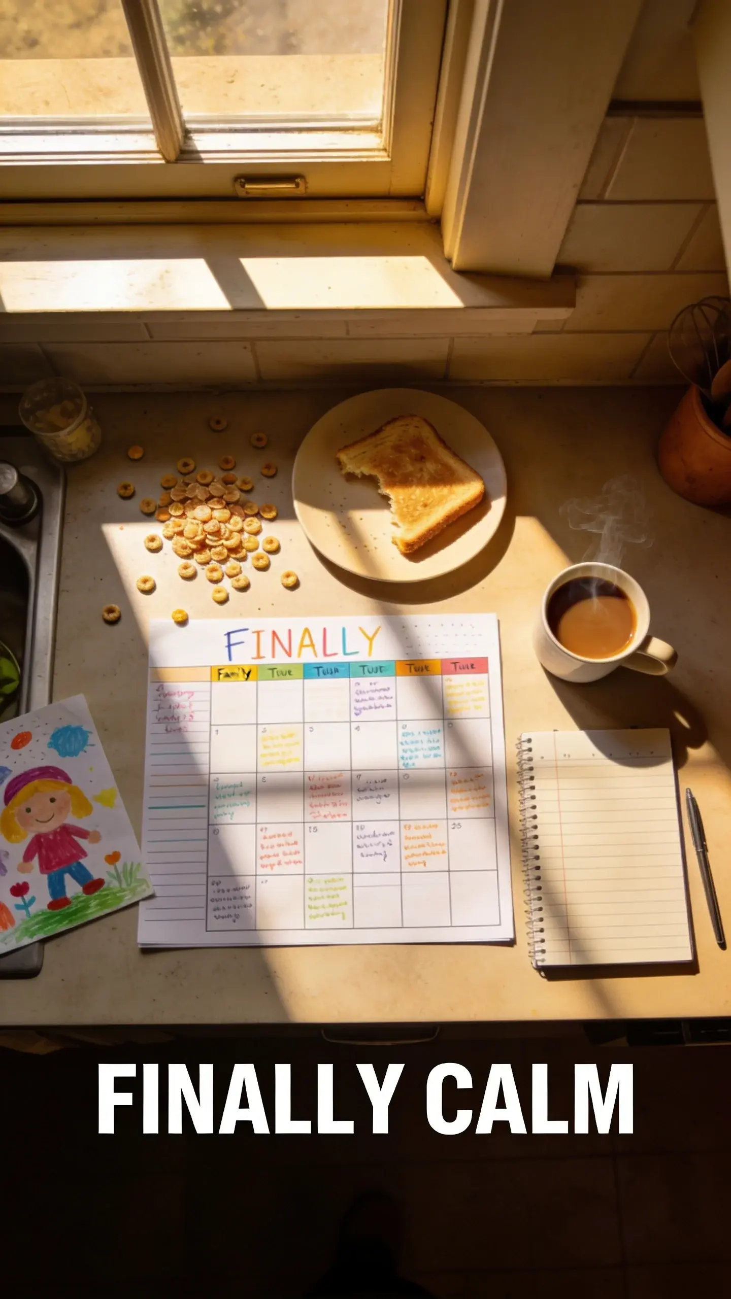 **FLAT LAY OVERHEAD**: FLAT LAY OVERHEAD, **BASE**: vertical 9:16, ultra-tall composition, **SCENE**: A cluttered kitchen counter on a sunny morning, seen from directly above. Spilled cereal, a half-eaten toast, a child's art project on the side, but neatly laid out in the center is a colorful, handwritten family routine chart, a planner, and a steaming cup of coffee, symbolizing the transition from chaos to order. **TEXT POSITION**: BOTTOM, **OVERLAY**: text says exactly: "FINALLY CALM", bold readable font, high contrast white on dark, **LIGHT**: Soft morning light from a window, **MOOD**: Organized, hopeful, peaceful