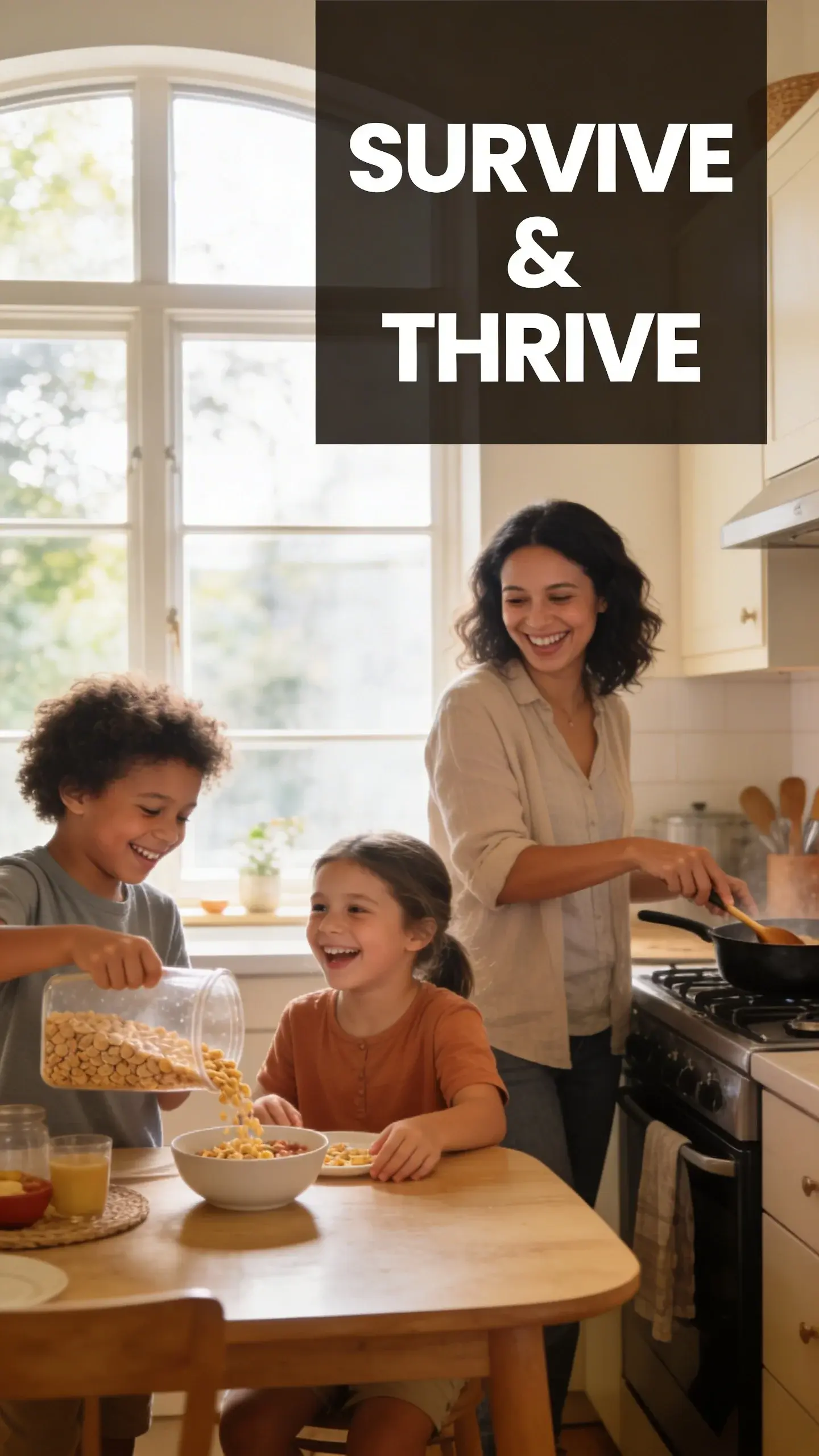 **LIFESTYLE CANDID**: LIFESTYLE CANDID, **BASE**: vertical 9:16, ultra-tall composition, **SCENE**: A candid shot of a mother and her two elementary-aged children laughing together while making breakfast on a relaxed Saturday morning in their kitchen. One child is pouring cereal, the other is setting the table, and the mother is stirring something on the stove, all working together seamlessly without explicit direction, showcasing the natural flow of a well-established weekly routine. **TEXT POSITION**: TOP-RIGHT, **OVERLAY**: text says exactly: "SURVIVE & THRIVE", bold readable font, high contrast white on dark, **LIGHT**: Warm natural light from a large window, **MOOD**: Joyful, harmonious, connected
