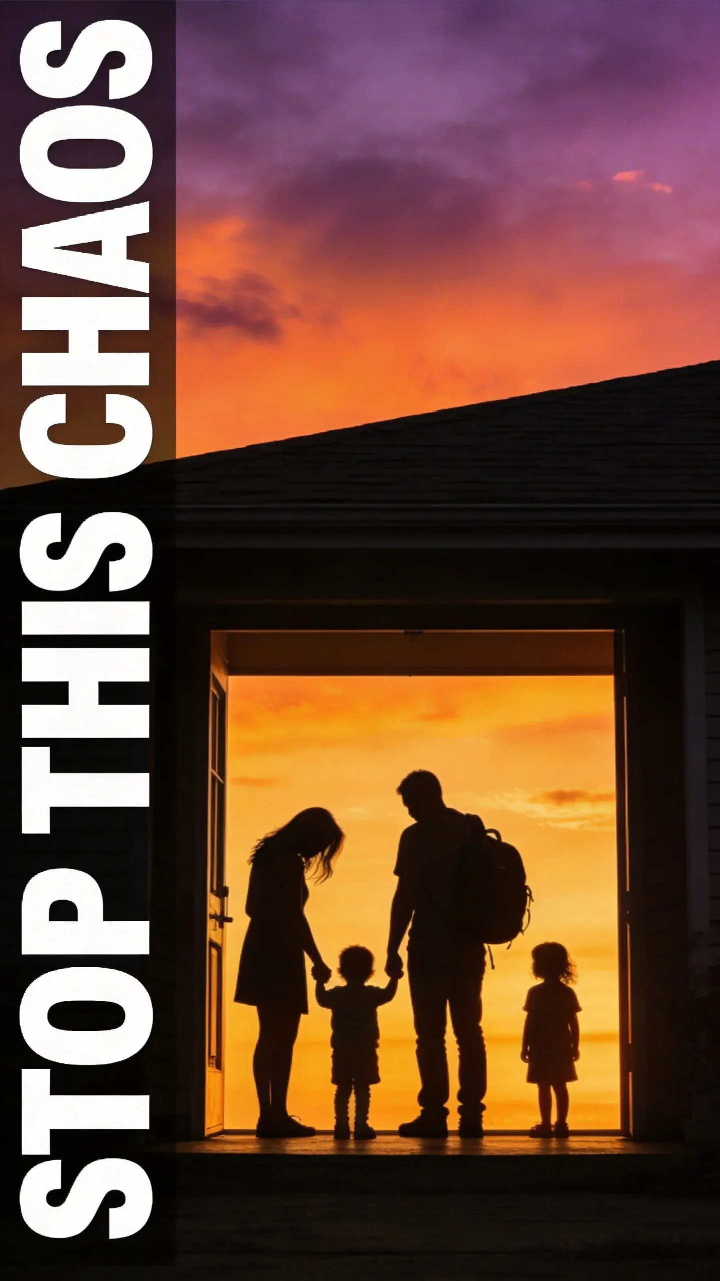 **SILHOUETTE**: SILHOUETTE, **BASE**: vertical 9:16, ultra-tall composition, **SCENE**: A silhouette of a family—a mother, father, and two young children—standing in the doorway of their home at sunset. The mother is visibly slumping, holding a child's hand, while the father carries a backpack. Their forms are dark against the vibrant orange and purple sky, conveying exhaustion and the end of a long, chaotic day, longing for order. **TEXT POSITION**: LEFT SIDE, **OVERLAY**: text says exactly: "STOP THIS CHAOS", bold readable font, high contrast white on dark, **LIGHT**: Golden hour backlight, **MOOD**: Exhausted, longing, reflective