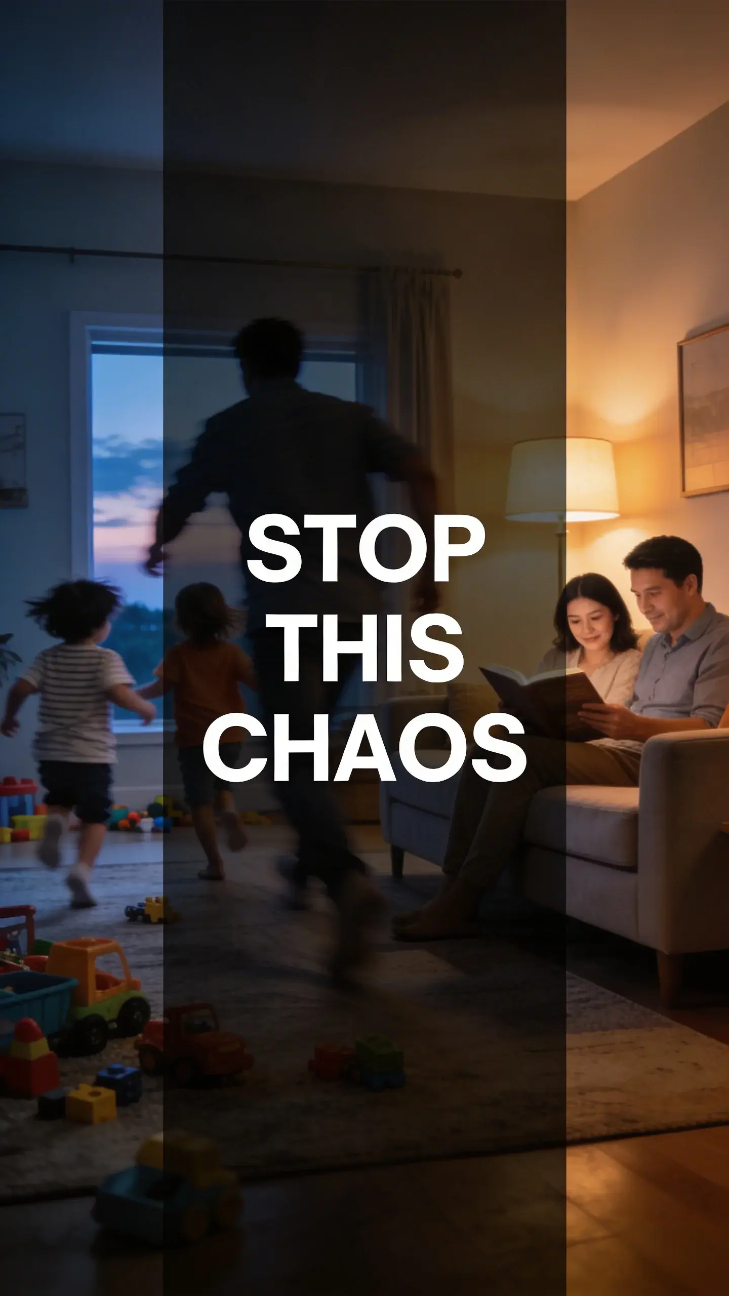DOUBLE EXPOSURE: DOUBLE EXPOSURE, BASE: vertical 9:16, ultra-tall composition, SCENE: A double exposure image blending a frantic, blurry scene of a parent chasing two young children through a toy-strewn living room at dusk, with a serene, clear image of the same family peacefully reading together on a tidy sofa, bathed in soft lamplight, highlighting the journey from chaos to calm and connection. TEXT POSITION: CENTER, OVERLAY: text says exactly: "STOP THIS CHAOS", bold readable font, high contrast white on dark, LIGHT: Blended, with warm indoor light for the serene layer and cooler, more diffuse light for the chaotic layer, MOOD: Overwhelmed, hopeful, transformative