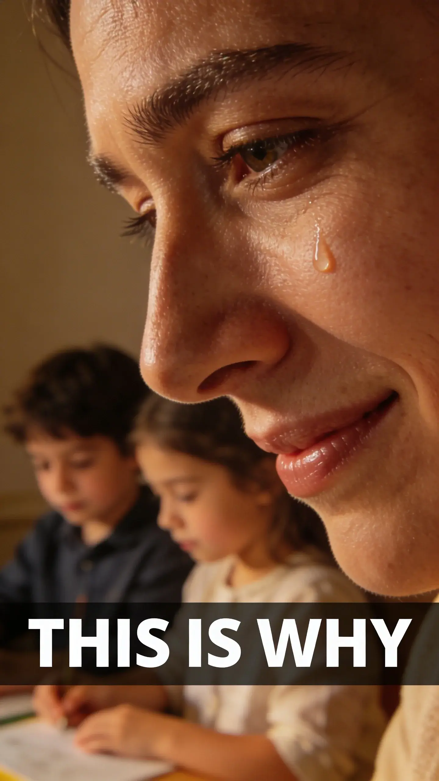 MACRO EMOTION: MACRO EMOTION, BASE: vertical 9:16, ultra-tall composition, SCENE: A macro shot focusing on a parent's face, mid-30s, showing a profound sense of relief and a faint, genuine smile as they watch their children calmly engaged in an activity in the background. A single tear of joy or exhaustion is visible at the corner of their eye, conveying the emotional weight lifted. TEXT POSITION: BOTTOM-CENTER, OVERLAY: text says exactly: "THIS IS WHY", bold readable font, high contrast white on dark, LIGHT: Soft, warm ambient light, highlighting the contours of the face, MOOD: Relief, empathy, understanding, joy