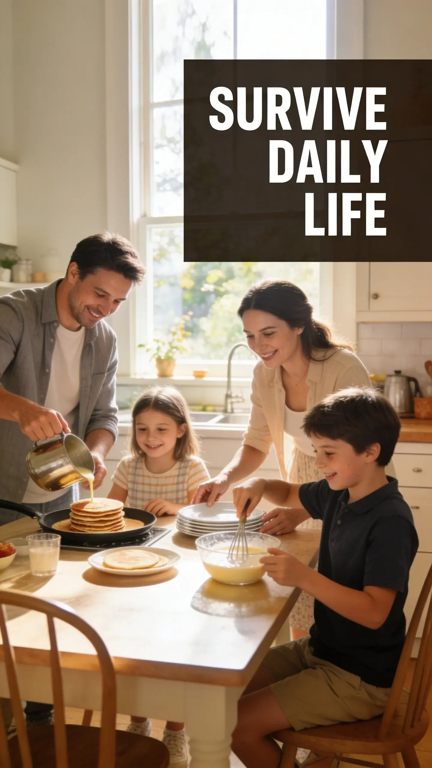 LIFESTYLE CANDID: LIFESTYLE CANDID, BASE: vertical 9:16, ultra-tall composition, SCENE: A candid shot of a family of four (parents and two school-aged children) bustling cheerfully in a sunlit kitchen during a relaxed Sunday morning. One parent is pouring pancakes while the other helps a child set the table, and the second child is playfully stirring batter, all interacting naturally and without a hint of stress or rush. TEXT POSITION: TOP-RIGHT, OVERLAY: text says exactly: "SURVIVE DAILY LIFE", bold readable font, high contrast white on dark, LIGHT: Bright, natural sunlight streaming through a kitchen window, MOOD: Joyful, authentic, harmonious, vibrant