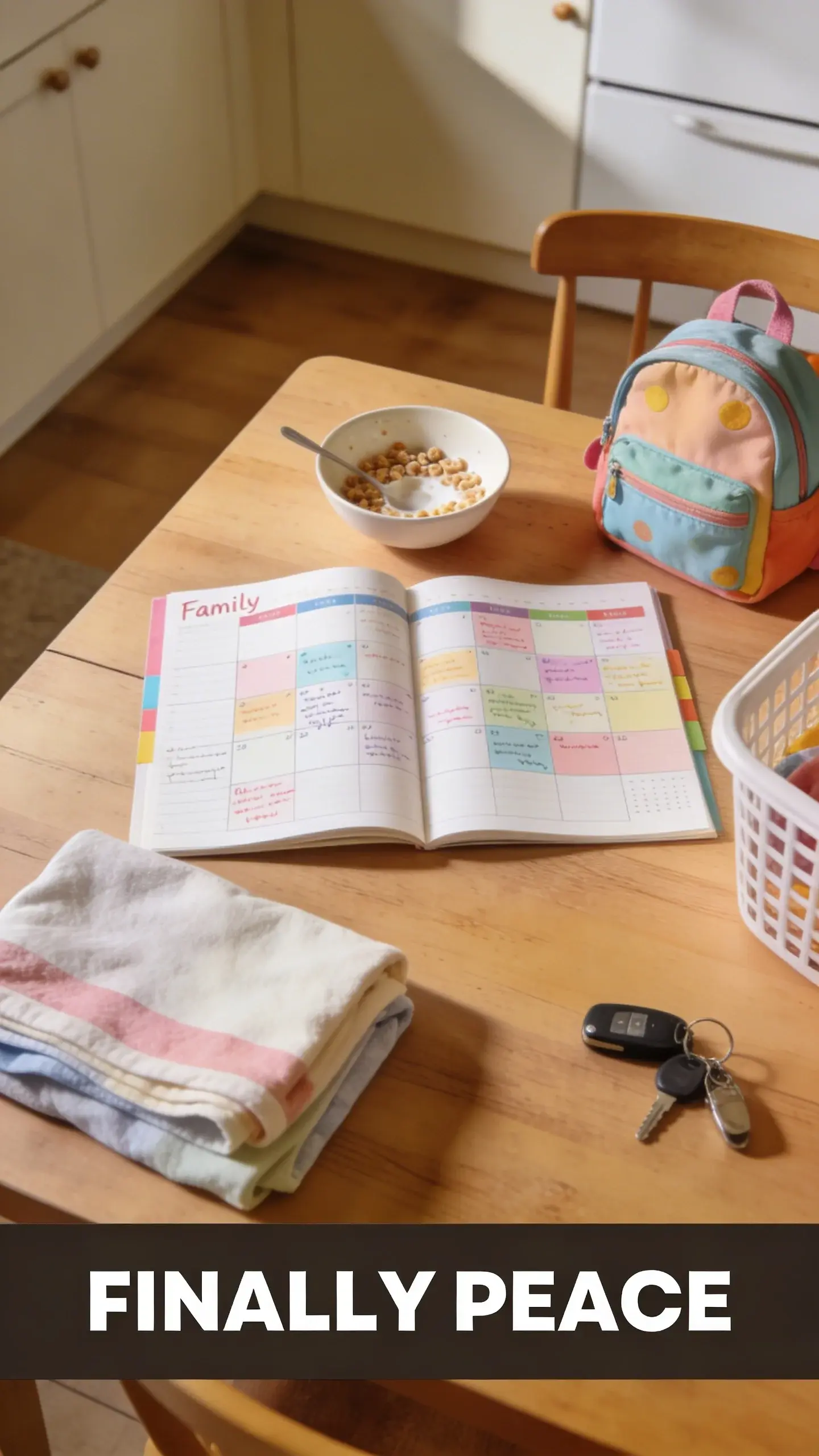 FLAT LAY OVERHEAD: FLAT LAY OVERHEAD, BASE: vertical 9:16, ultra-tall composition, SCENE: A detailed flat lay overhead shot of a wooden kitchen table just after breakfast, bathed in soft morning light. A colorful, handwritten family schedule calendar is open in the center, surrounded by a half-eaten bowl of cereal, a child's small backpack, a neatly folded laundry basket, and a set of car keys, all suggesting a well-orchestrated start to the day. REAL PEOPLE NOT POSED, CANDID MOMENT, KITCHEN TABLE, MORNING, TEXT POSITION: BOTTOM, OVERLAY: text says exactly: "FINALLY PEACE", bold readable font, high contrast white on dark, LIGHT: Soft morning light, MOOD: Organized, calm, peaceful, QUALITY: photorealistic, 8K, shallow depth of field, warm pastel tones, film aesthetic, no logos, no watermarks