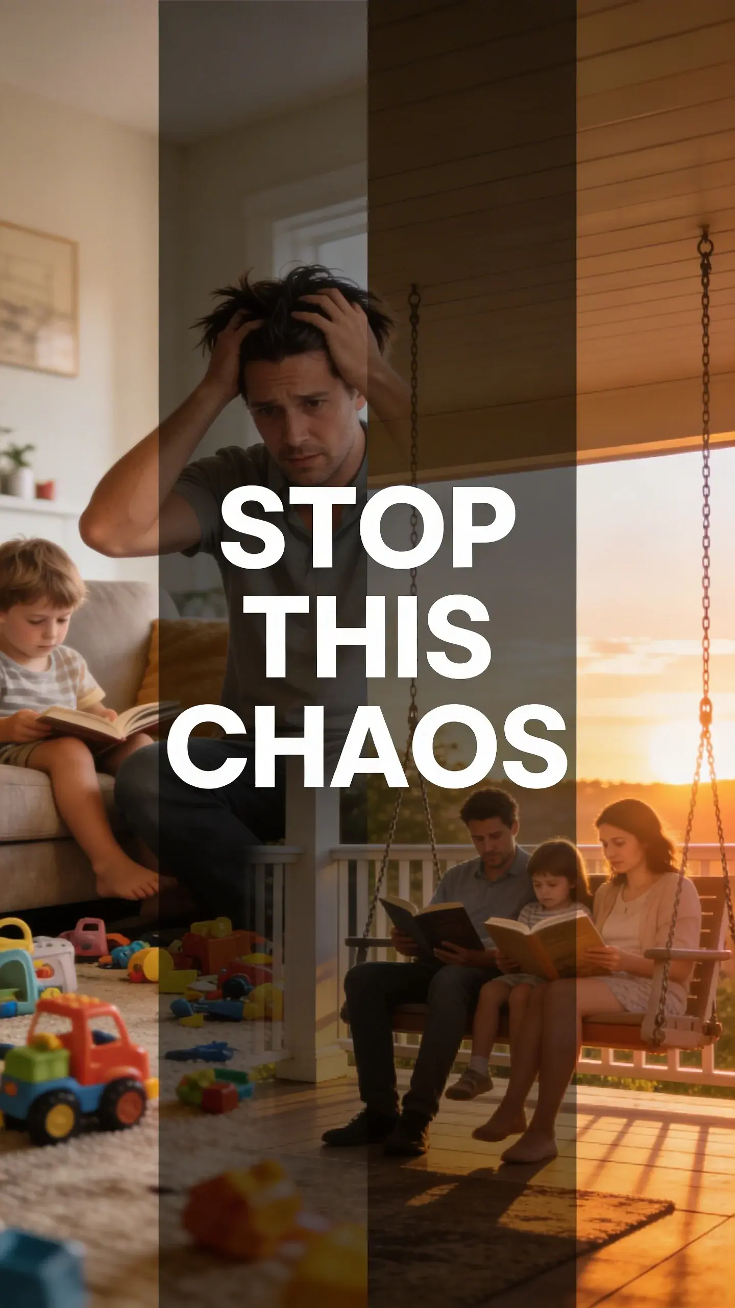 DOUBLE EXPOSURE: DOUBLE EXPOSURE, BASE: vertical 9:16, ultra-tall composition, SCENE: A striking double exposure image. The primary layer features a candid, slightly blurred shot of a parent looking overwhelmed amidst a flurry of children's toys scattered across a living room floor during a chaotic afternoon, hands running through their hair. The secondary, overlaid image is a serene, sun-drenched scene of the same family peacefully reading books together on a porch swing at sunset, symbolizing calm. REAL PEOPLE NOT POSED, CANDID MOMENT, LIVING ROOM/PORCH, AFTERNOON/SUNSET, TEXT POSITION: CENTER, OVERLAY: text says exactly: "STOP THIS CHAOS", bold readable font, high contrast white on dark, LIGHT: Contrasting bright and soft, MOOD: Hopeful, transformative, contrasting, QUALITY: photorealistic, 8K, shallow depth of field, warm pastel tones, film aesthetic, no logos, no watermarks
