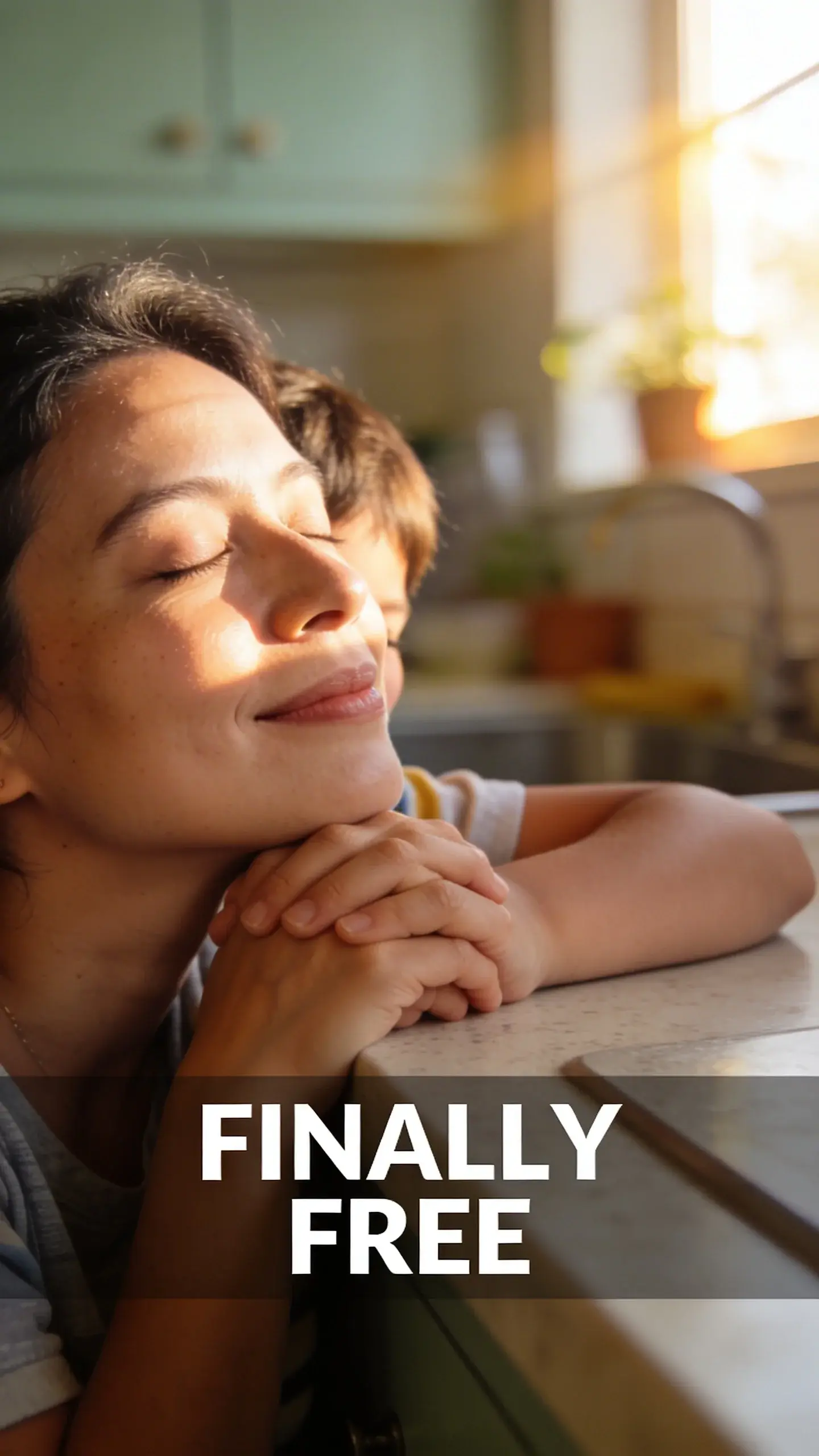 MACRO EMOTION: MACRO EMOTION, BASE: vertical 9:16, ultra-tall composition, SCENE: A deeply empathetic macro emotion shot focusing on a parent's face, mid-afternoon, as they lean against a kitchen counter, eyes closed with a profound sense of relief and a faint, peaceful smile. Their hands are gently clasped, and the warm glow of the afternoon sun illuminates their features, capturing the quiet satisfaction of a smoothly run day, free from typical stress. REAL PEOPLE NOT POSED, CANDID MOMENT, KITCHEN, MID-AFTERNOON, TEXT POSITION: BOTTOM-CENTER, OVERLAY: text says exactly: "FINALLY FREE", bold readable font, high contrast white on dark, LIGHT: Soft, focused afternoon sun, MOOD: Relieved, peaceful, content, QUALITY: photorealistic, 8K, shallow depth of field, warm pastel tones, film aesthetic, no logos, no watermarks