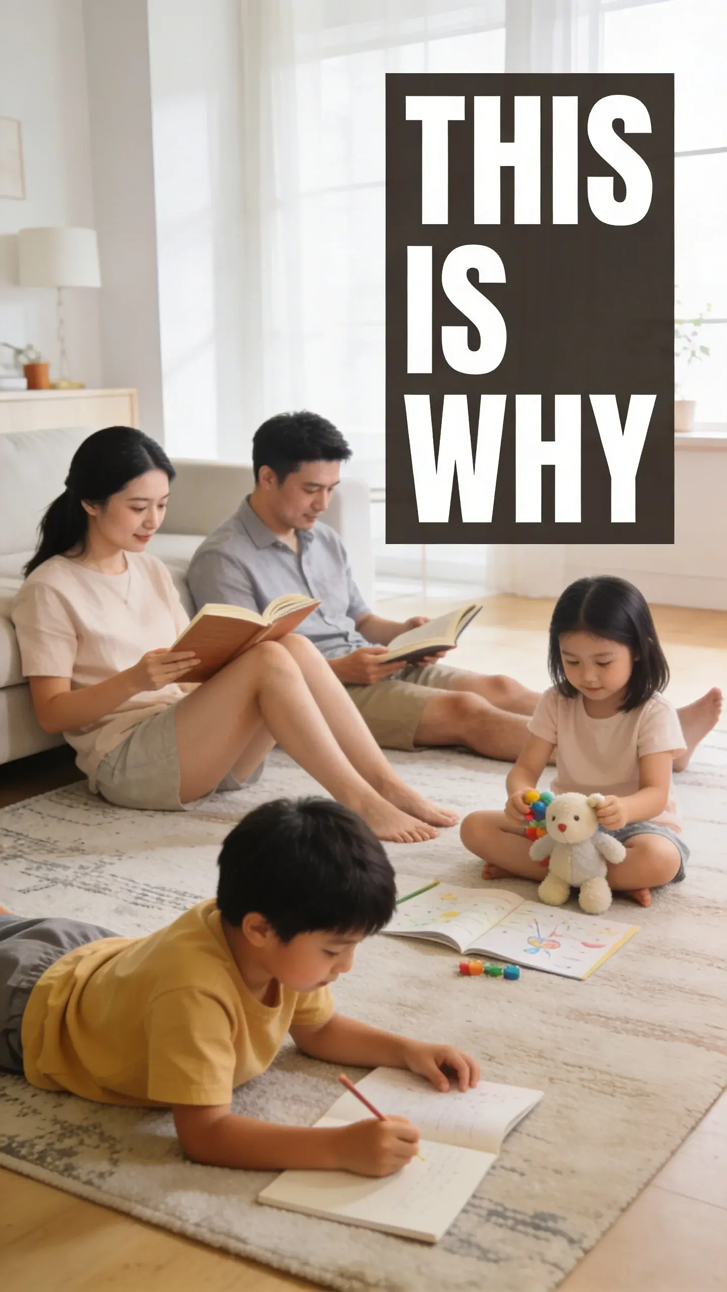 LIFESTYLE CANDID: LIFESTYLE CANDID, BASE: vertical 9:16, ultra-tall composition, SCENE: A genuine, unposed lifestyle candid moment captured in a brightly lit living room on a Saturday morning. A family of four – two parents and two children – are comfortably spread out on a large rug, each engrossed in their own quiet activity (reading, drawing, playing with a soft toy), a sense of calm and effortless togetherness filling the space, indicating a predictable and peaceful weekend. REAL PEOPLE NOT POSED, CANDID MOMENT, LIVING ROOM, SATURDAY MORNING, TEXT POSITION: TOP-RIGHT, OVERLAY: text says exactly: "THIS IS WHY", bold readable font, high contrast white on dark, LIGHT: Natural, bright morning light, MOOD: Joyful, connected, effortless, QUALITY: photorealistic, 8K, shallow depth of field, warm pastel tones, film aesthetic, no logos, no watermarks