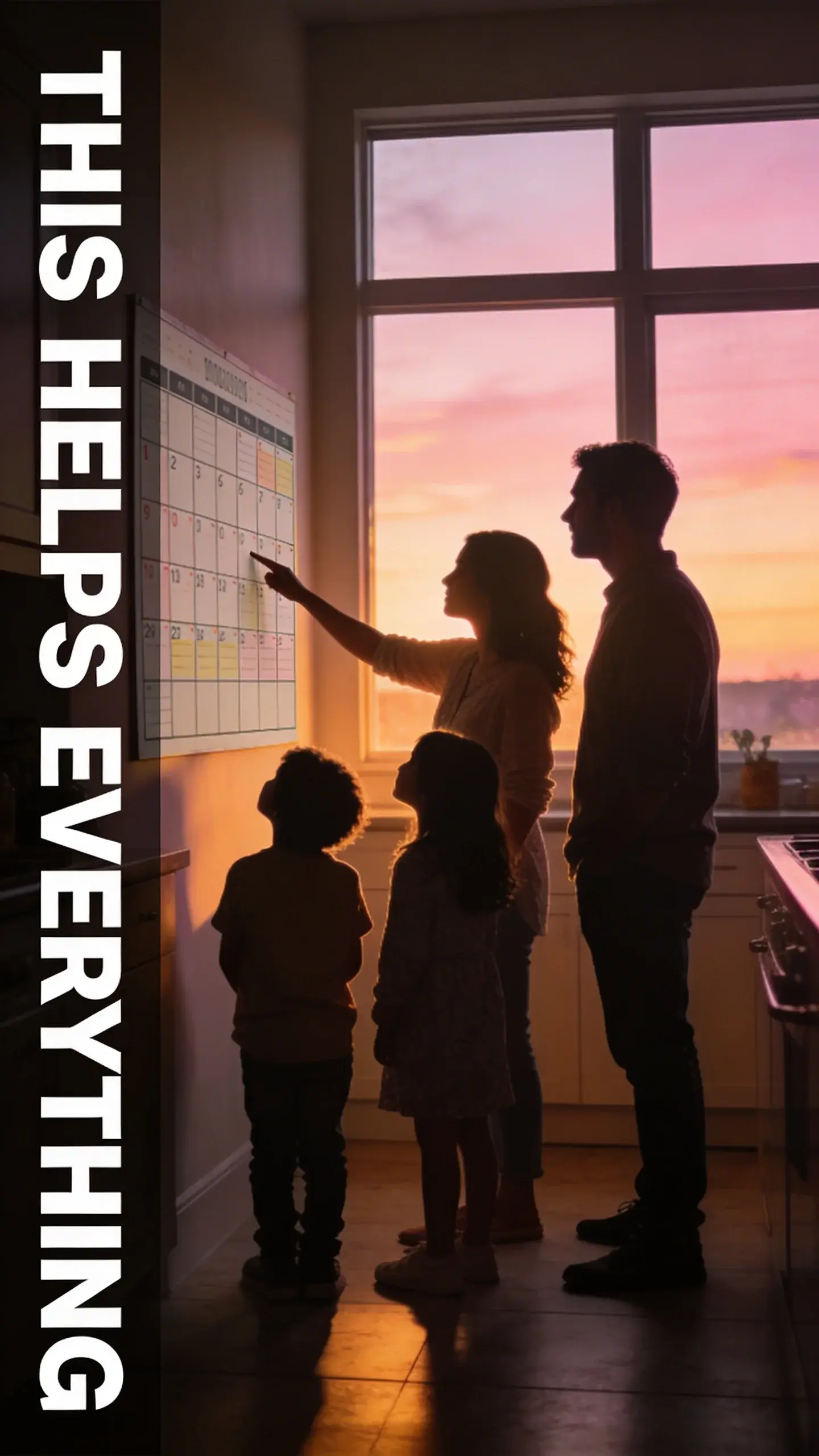 SILHOUETTE: SILHOUETTE, BASE: vertical 9:16, ultra-tall composition, SCENE: A warm, inviting silhouette of a family of four (two parents, two young children) standing together in their kitchen at dusk, backlit by the soft glow of the setting sun through a large window. One parent points gently to a large, organized calendar visible on the wall, while the children look up at it with curiosity, their forms outlined against the warm light, suggesting a shared understanding of their day. REAL PEOPLE NOT POSED, CANDID MOMENT, KITCHEN, DUSK, TEXT POSITION: LEFT SIDE, OVERLAY: text says exactly: "THIS HELPS EVERYTHING", bold readable font, high contrast white on dark, LIGHT: Sunset backlighting, MOOD: Serene, hopeful, connected, QUALITY: photorealistic, 8K, shallow depth of field, warm pastel tones, film aesthetic, no logos, no watermarks