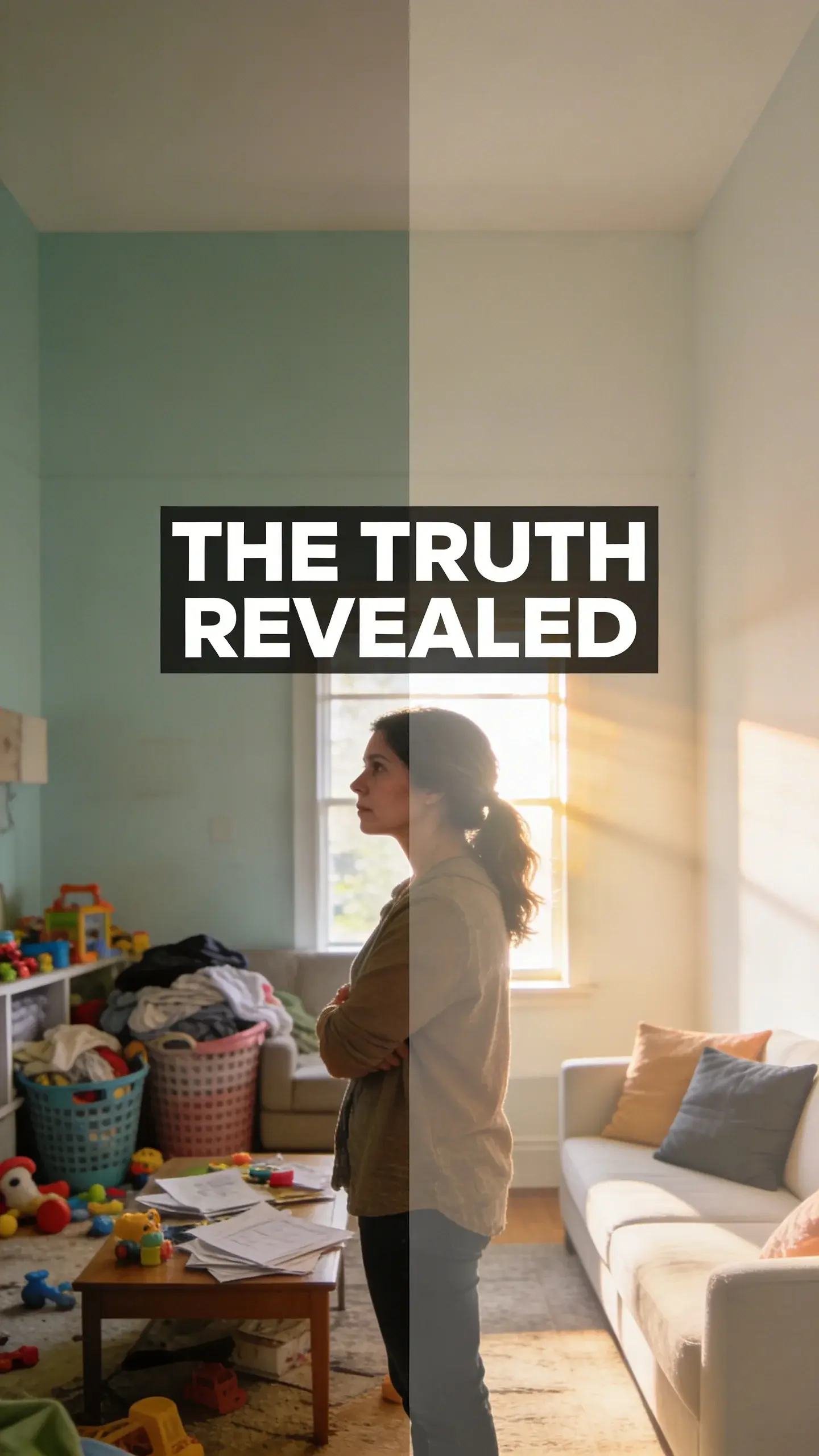 **DOUBLE EXPOSURE**: DOUBLE EXPOSURE, [BASE]: vertical 9:16, ultra-tall composition, [SCENE]: A busy mom, seen in profile, stands thoughtfully in the center of the frame. Her image is overlaid with two contrasting scenes: one of a chaotic living room filled with scattered toys, laundry baskets overflowing, and unorganized papers on a coffee table, and another of the same living room transformed into a minimalist, clean, and calm space with soft lighting and neatly arranged pillows. Late afternoon sunlight streams in through a window, highlighting the transition. photorealistic, 8K, shallow depth of field, warm pastel tones, film aesthetic, no logos, no watermarks, [TEXT POSITION]: CENTER, [OVERLAY]: text says exactly: "THE TRUTH REVEALED", bold readable font, high contrast white on dark, [LIGHT]: Contrasting bright and soft natural light, [MOOD]: Reflective, transformative, hopeful