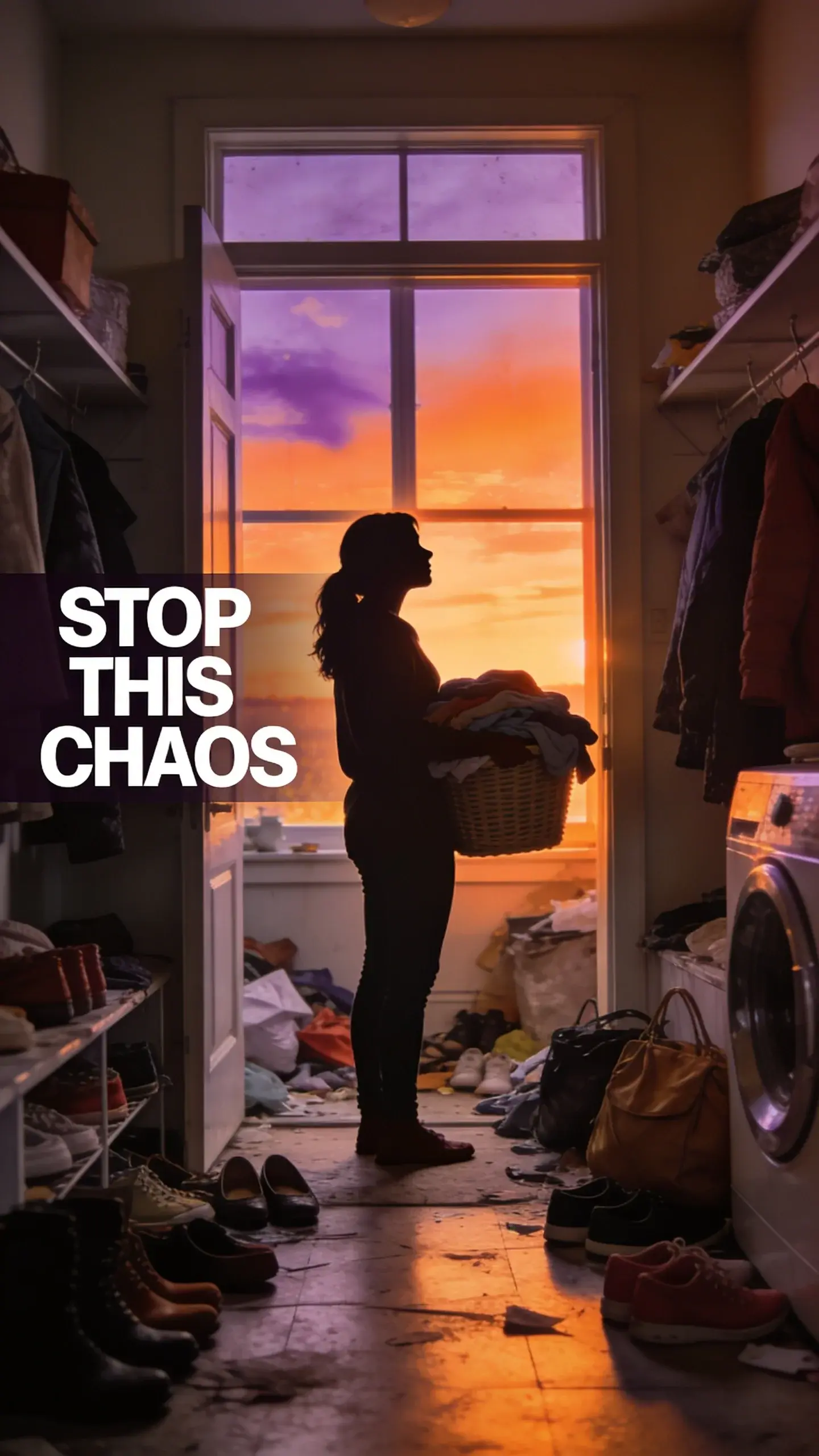 **SILHOUETTE**: SILHOUETTE, [BASE]: vertical 9:16, ultra-tall composition, [SCENE]: A busy mom stands in the doorway of a cluttered laundry room or mudroom, her silhouette sharply defined against the vibrant orange and purple hues of a sunset streaming through a large window. She holds a basket of unfolded laundry, and the room around her is a jumble of shoes, coats, and bags, emphasizing the overwhelming nature of her daily tasks. Her posture suggests exhaustion but also a moment of contemplation looking towards the light. photorealistic, 8K, shallow depth of field, warm pastel tones, film aesthetic, no logos, no watermarks, [TEXT POSITION]: LEFT SIDE, [OVERLAY]: text says exactly: "STOP THIS CHAOS", bold readable font, high contrast white on dark, [LIGHT]: Backlit by a dramatic sunset, [MOOD]: Overwhelmed, contemplative, yearning