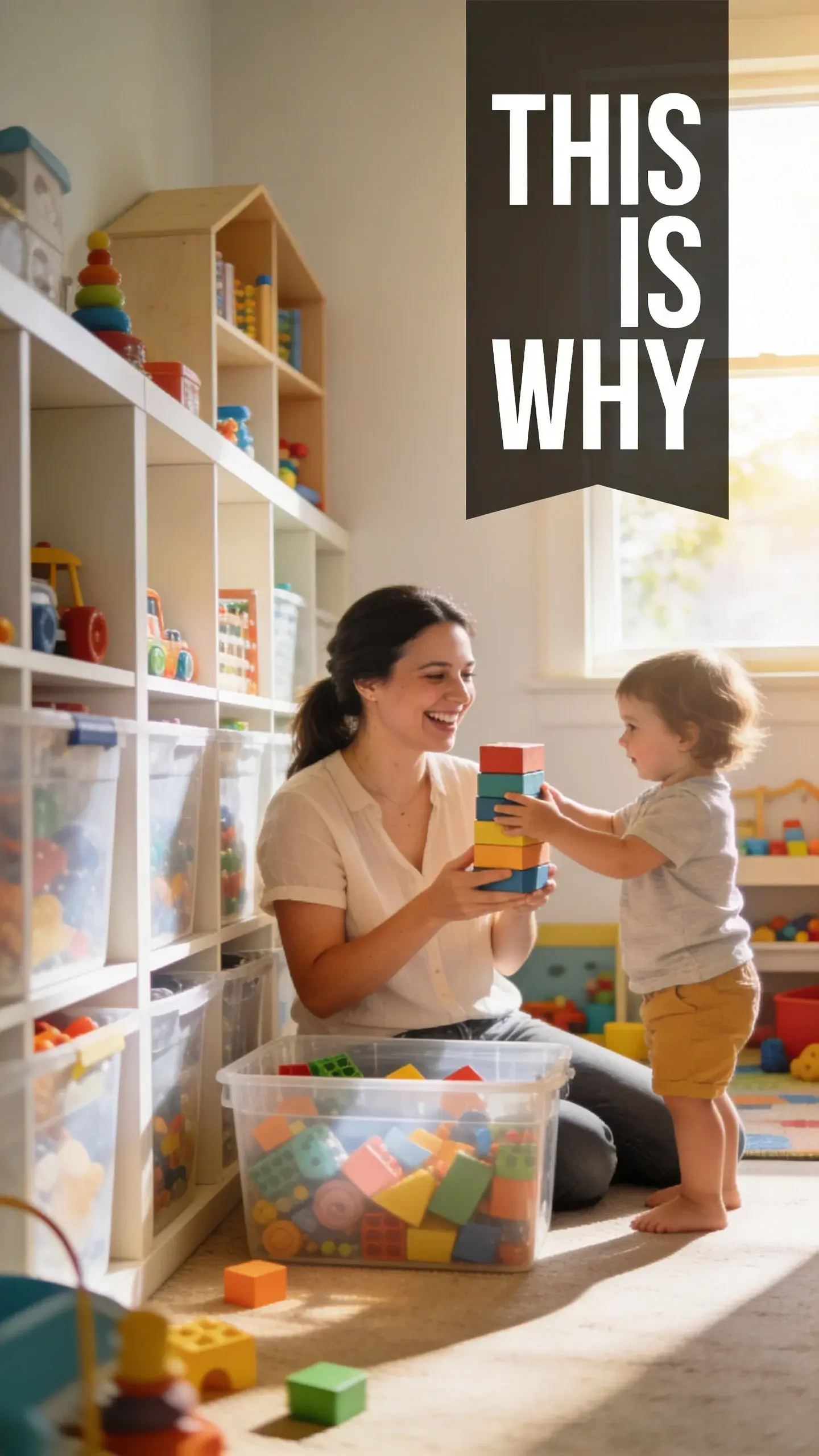 **LIFESTYLE CANDID**: LIFESTYLE CANDID, [BASE]: vertical 9:16, ultra-tall composition, [SCENE]: A genuine, unposed moment captured in a brightly lit, organized children's playroom. A busy mom is sitting on the floor, laughing softly as her young child hands her a neatly stacked block. Toys are visible but contained in clear bins, and the room feels spacious and inviting. Mid-morning sunlight streams through a window, creating a warm glow. The interaction is natural and joyful, showcasing the benefits of an organized home on family life. photorealistic, 8K, shallow depth of field, warm pastel tones, film aesthetic, no logos, no watermarks, [TEXT POSITION]: TOP-RIGHT, [OVERLAY]: text says exactly: "THIS IS WHY", bold readable font, high contrast white on dark, [LIGHT]: Bright, natural mid-morning light, [MOOD]: Joyful, harmonious, connected, efficient