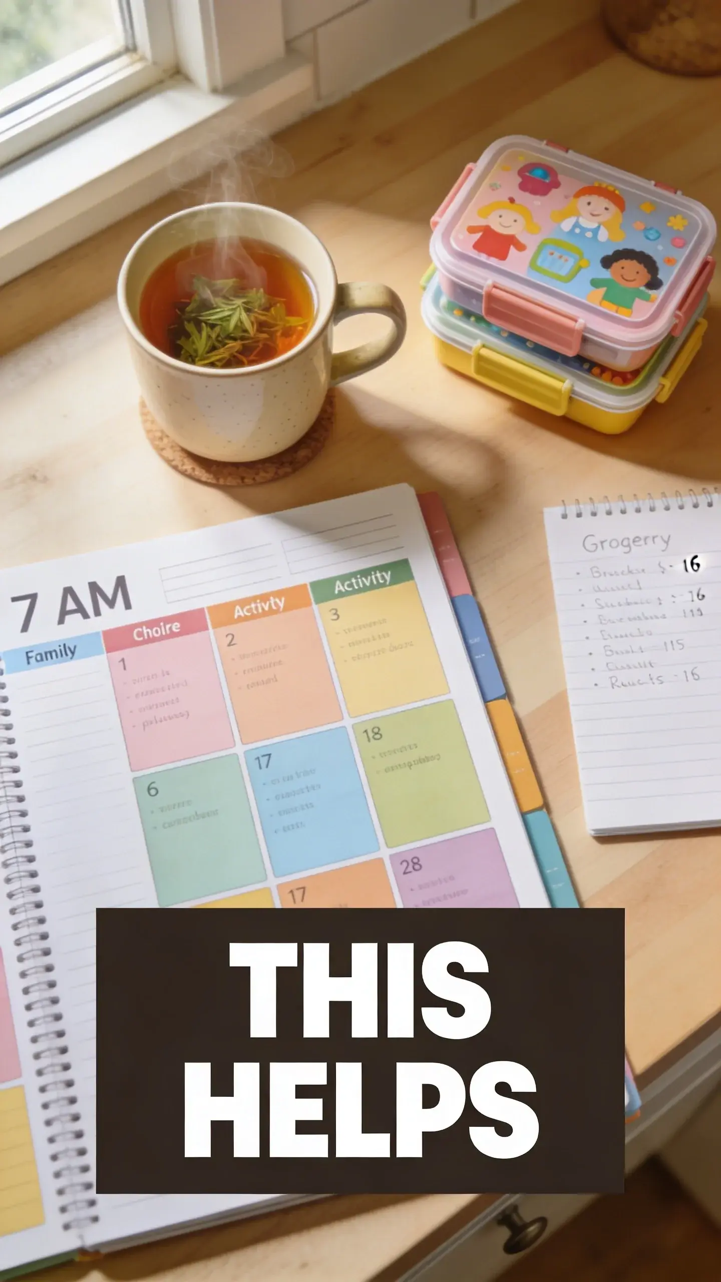 FLAT LAY OVERHEAD: FLAT LAY OVERHEAD, BASE: vertical 9:16, ultra-tall composition, SCENE: A neatly organized kitchen counter at 7 AM, seen from directly above. A colorful family planner with entries for chores and activities, a steaming mug of herbal tea, a small stack of children's lunchboxes, and a grocery list are arranged on a light wood surface, implying a morning routine coming together smoothly thanks to good systems. photorealistic, 8K, shallow depth of field, warm pastel tones, film aesthetic, no logos, no watermarks, TEXT POSITION: BOTTOM, OVERLAY: text says exactly: "THIS HELPS", bold readable font, high contrast white on dark, LIGHT: Soft, natural overhead light filtering from a window, MOOD: Organized, peaceful, hopeful
