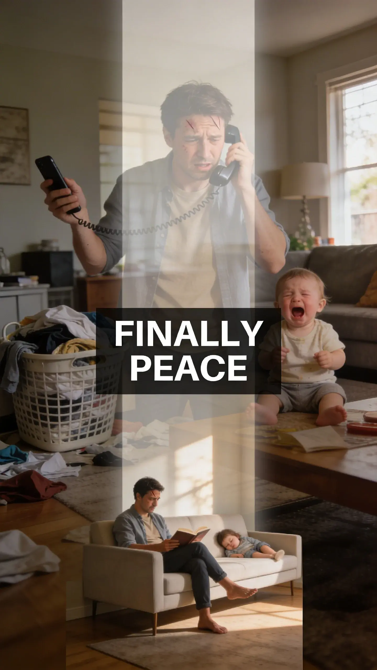 **DOUBLE EXPOSURE**: DOUBLE EXPOSURE, **BASE**: vertical 9:16, ultra-tall composition, **SCENE**: A double exposure image. The first, more prominent layer shows a parent with a tired, stressed expression, juggling a ringing phone, a crying toddler, and a overflowing laundry basket in a messy living room at midday. The second, translucent layer shows the same parent sitting calmly on a minimalist sofa, reading a book with a sleeping child nearby, bathed in soft afternoon light, embodying peace. **TEXT POSITION**: CENTER, **OVERLAY**: text says exactly: "FINALLY PEACE", bold readable font, high contrast white on dark, **LIGHT**: Diffused, soft light for both layers, creating a dreamlike effect, **MOOD**: Hopeful, serene, transformative