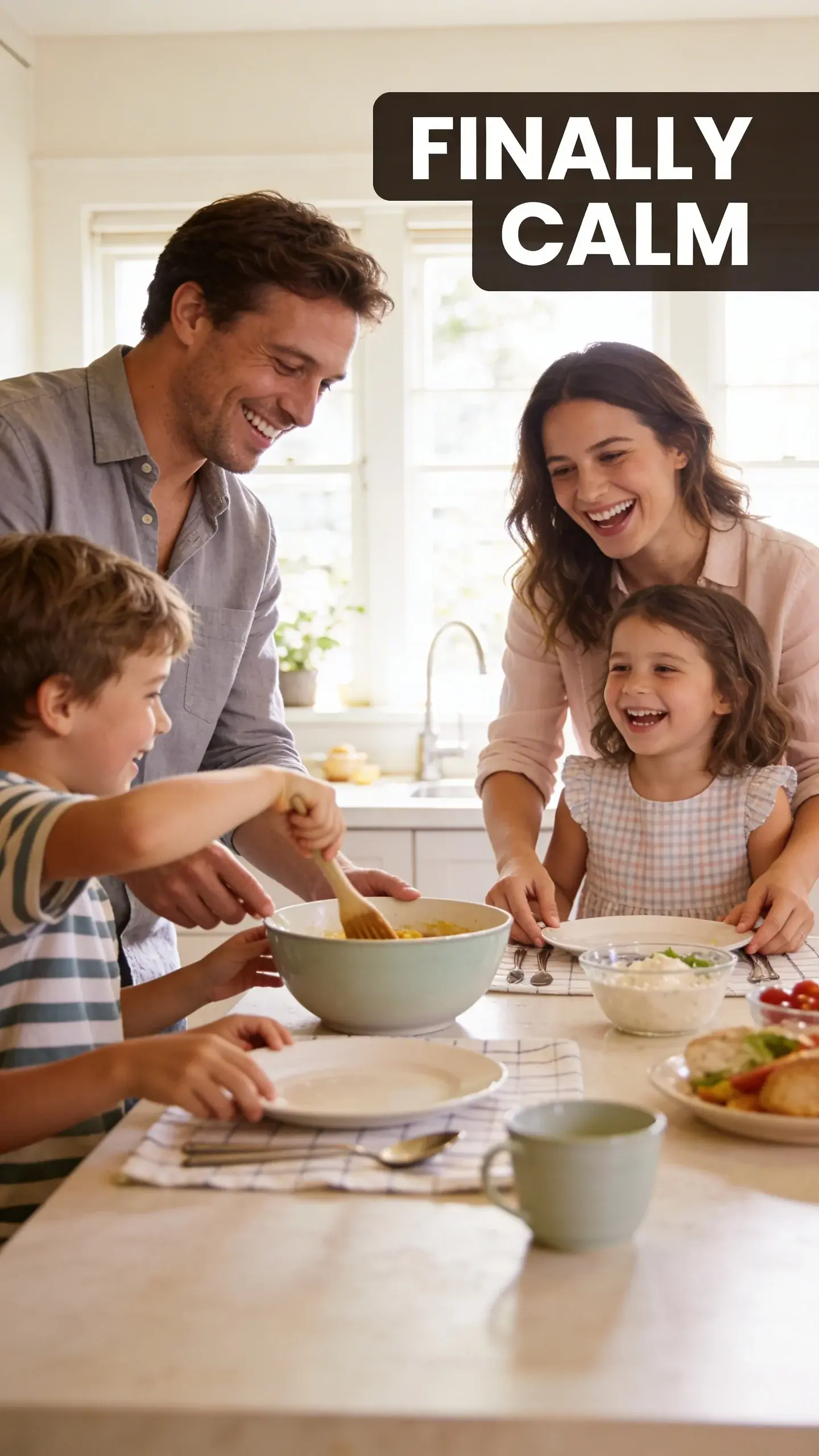LIFESTYLE CANDID: LIFESTYLE CANDID, BASE: vertical 9:16, ultra-tall composition, SCENE: A genuine, unposed shot of a family (parents and two young children) laughing together while preparing dinner in a brightly lit kitchen around 6 PM. One child is stirring a bowl, the other is setting the table, and the parents are smiling, all working together seamlessly and enjoying the process, free from typical dinner-time rush stress. photorealistic, 8K, shallow depth of field, warm pastel tones, film aesthetic, no logos, no watermarks, TEXT POSITION: TOP-RIGHT, OVERLAY: text says exactly: "FINALLY CALM", bold readable font, high contrast white on dark, LIGHT: Natural, bright daylight streaming through kitchen windows, MOOD: Joyful, harmonious, authentic