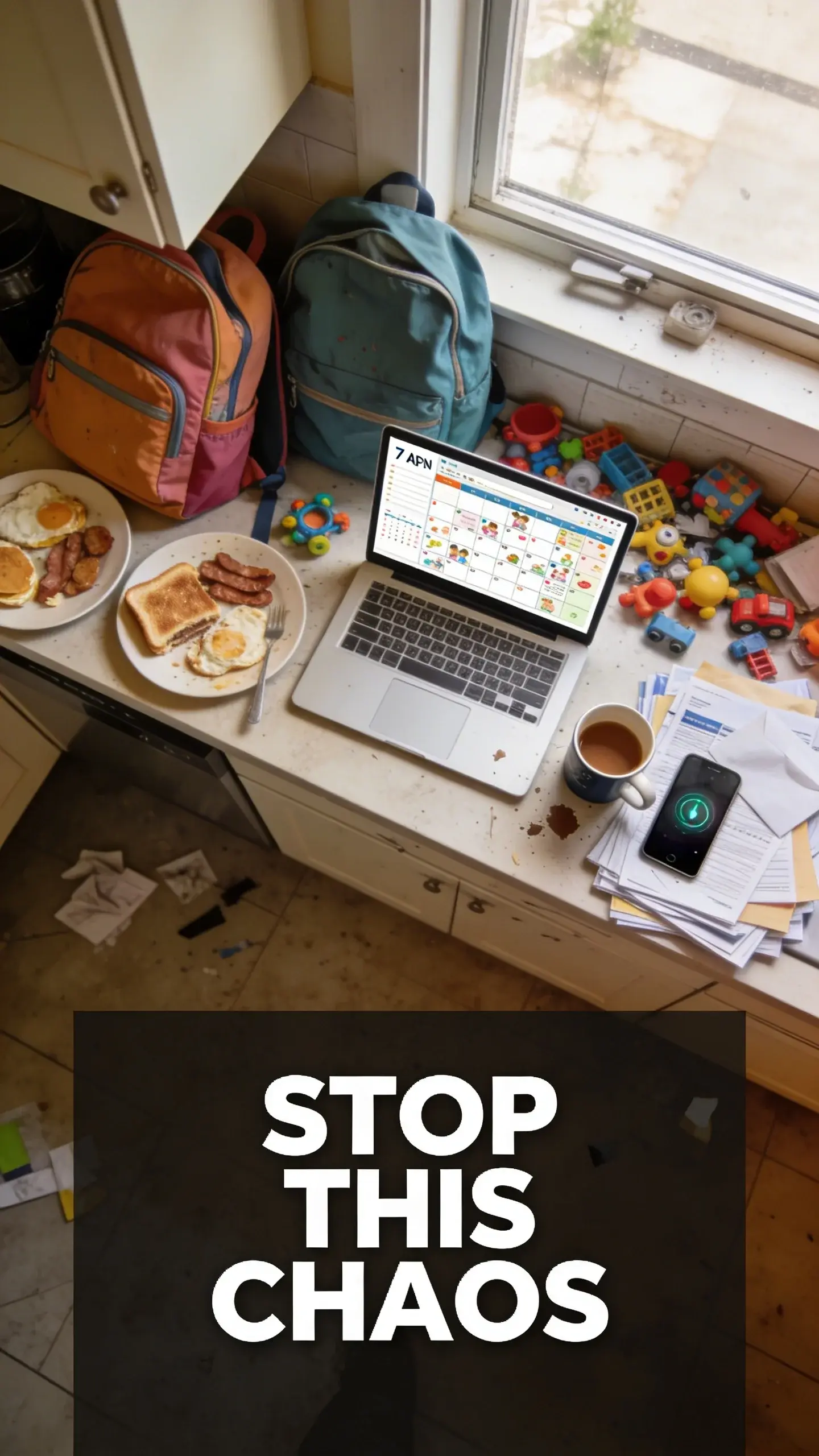 **FLAT LAY OVERHEAD**: FLAT LAY OVERHEAD, **BASE**: vertical 9:16, ultra-tall composition, **SCENE**: An overhead shot of a kitchen counter at 7 AM, cluttered with half-eaten breakfast, school bags, a laptop open to a busy family calendar, scattered toys, and a forgotten coffee mug. A smartphone vibrates next to a pile of unopened mail and bills, symbolizing daily overwhelm. **TEXT POSITION**: BOTTOM, **OVERLAY**: text says exactly: "STOP THIS CHAOS", bold readable font, high contrast white on dark, **LIGHT**: Soft, even natural daylight filtering through a window, **MOOD**: Overwhelmed, chaotic, stressed