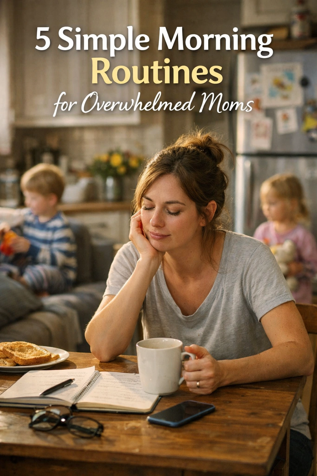 Overwhelmed mom starting her day with a simple morning routine in a cozy home kitchen, soft natural light, realistic family morning scene.