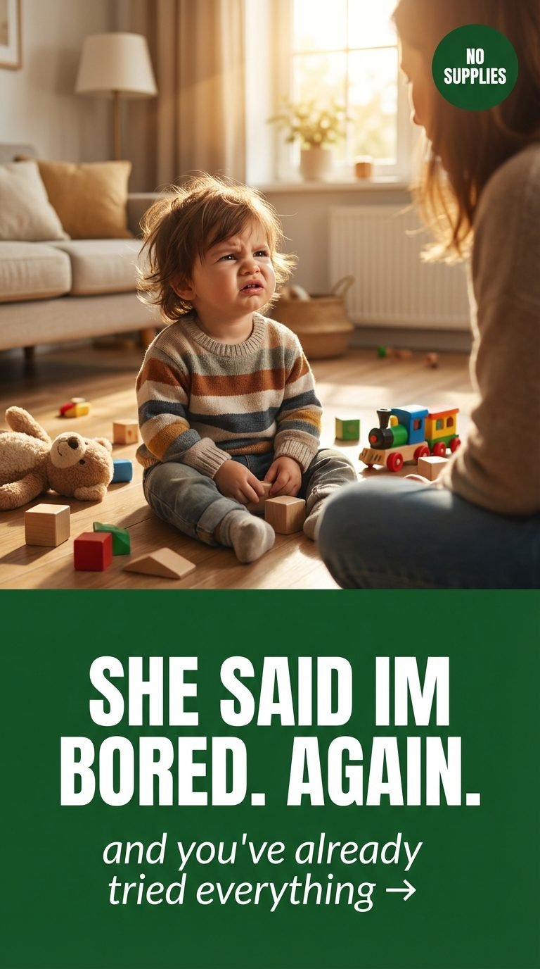 toddler sitting on floor surrounded by toys, looking frustrated — quick art projects kids