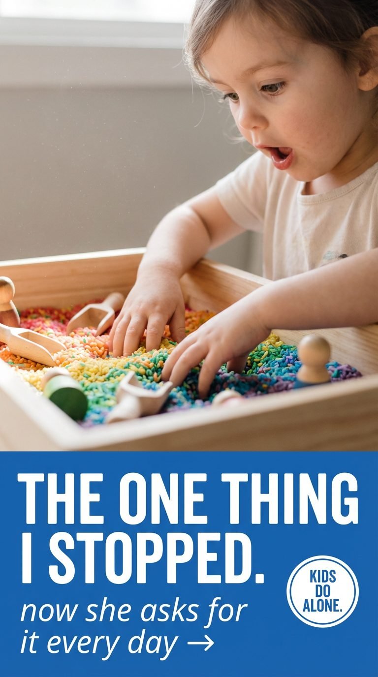 child surprised by colorful rice in sensory bin — quick setup art projects