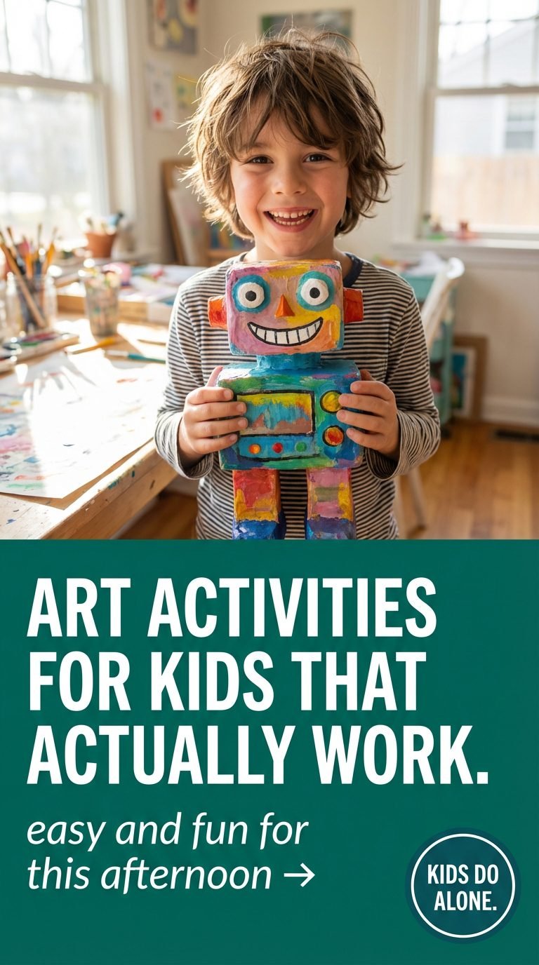 child showing art project proudly, smiling — art activities for kids