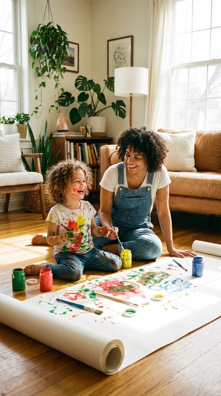 parent and child actively painting together in a bright living room — 20 quick art projects kids that take under 5 minutes