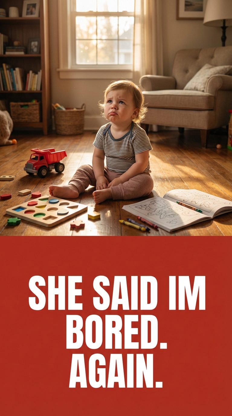 Frustrated toddler surrounded by toys — activities for 4-year-old no screen at home.