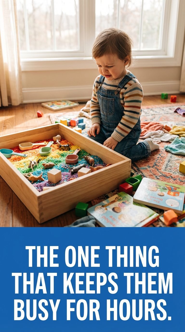 Child playing with a sensory bin — how to keep preschooler busy without screens.
