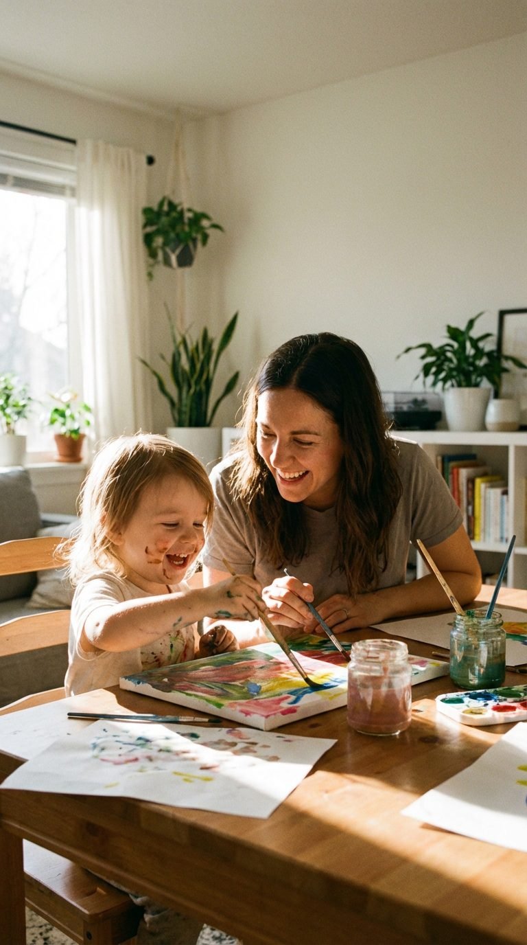 Parent and preschooler painting together — activities for 4-year-old no screen at home.