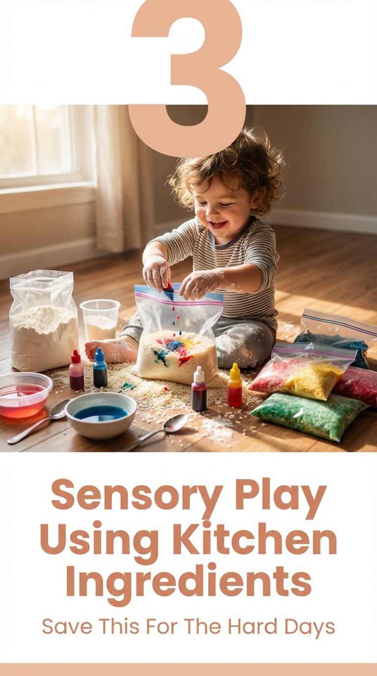 Toddler creating sensory bags filled with kitchen ingredients — sensory play using kitchen ingredients.