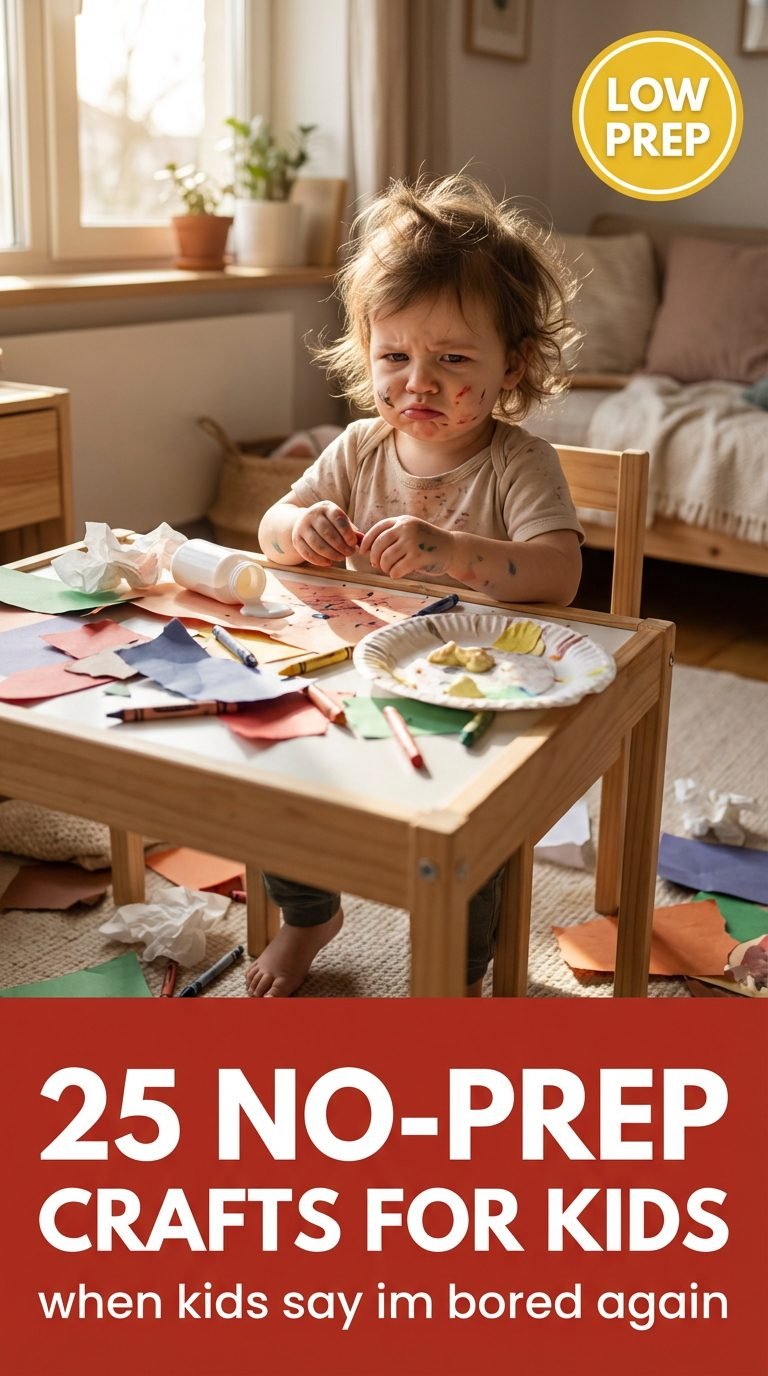 Frustrated toddler with craft supplies scattered around