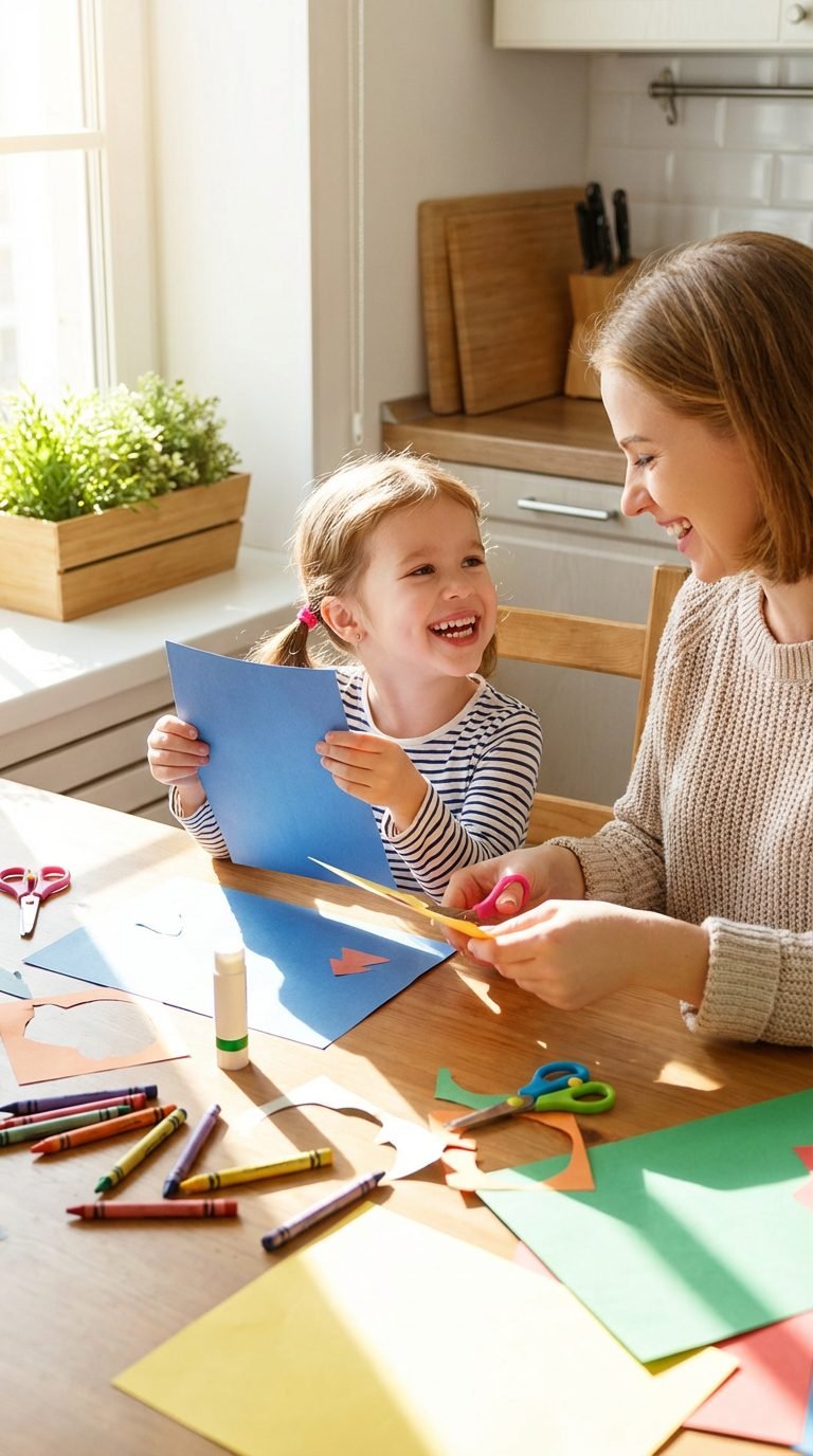 Parent and child crafting at a kitchen table with colorful materials