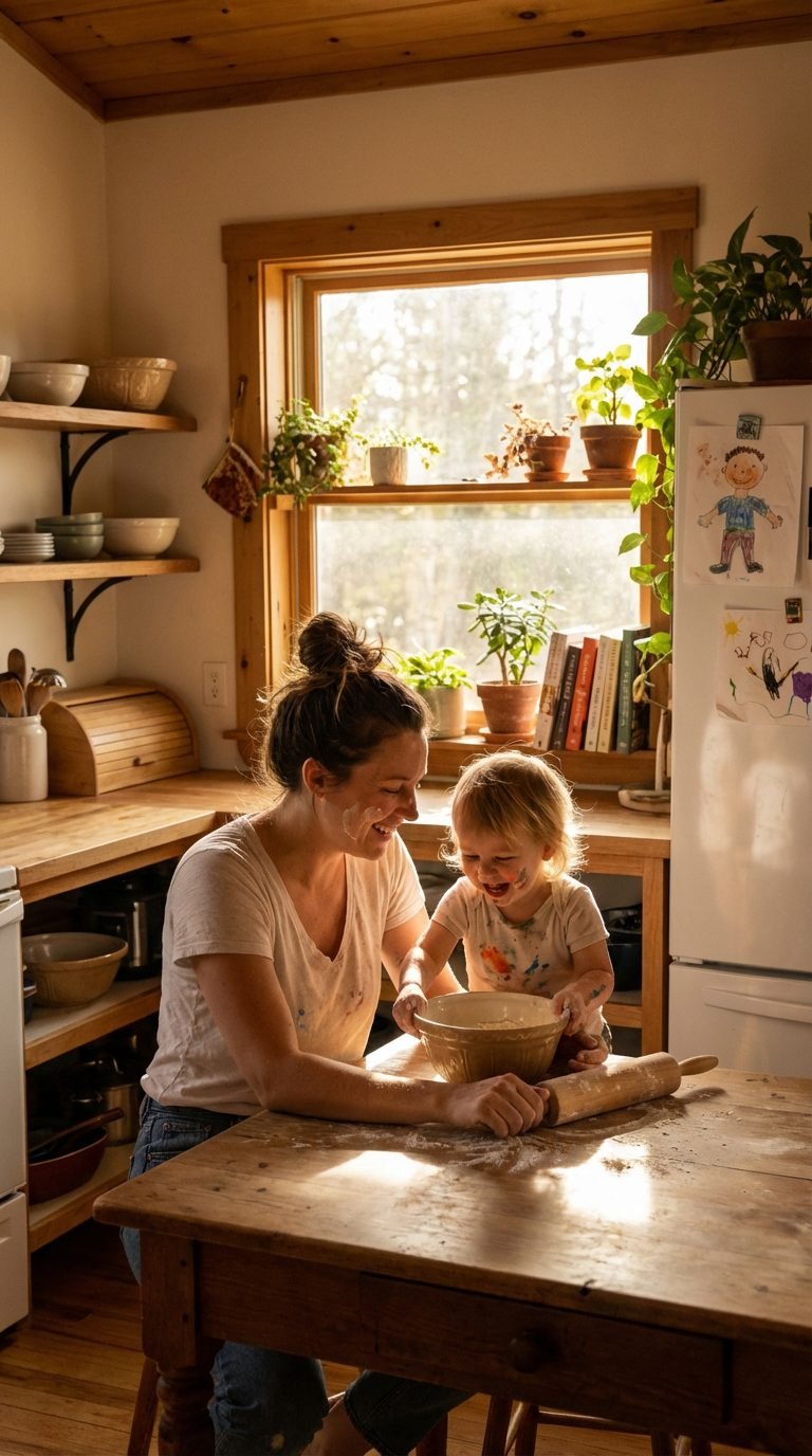 Mother and child engaging in fun kitchen activity