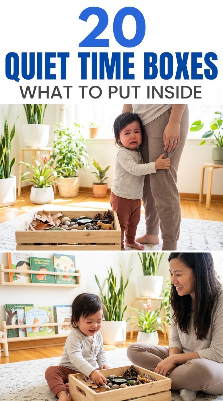 independent play ideas for preschoolers - toddler exploring a nature box with leaves and toys