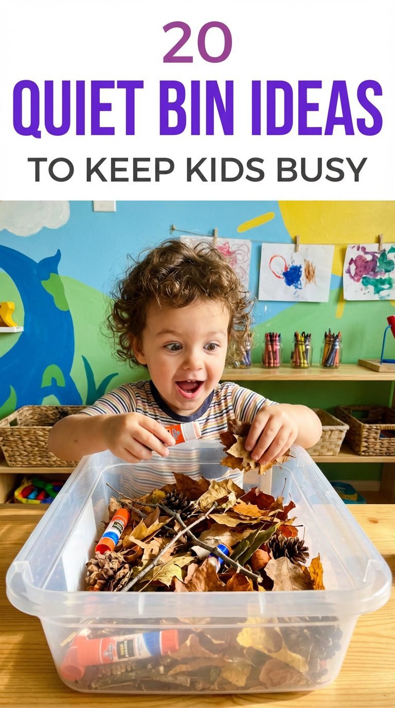 activities for kids do alone while mom works - toddler exploring a bin full of nature collage materials