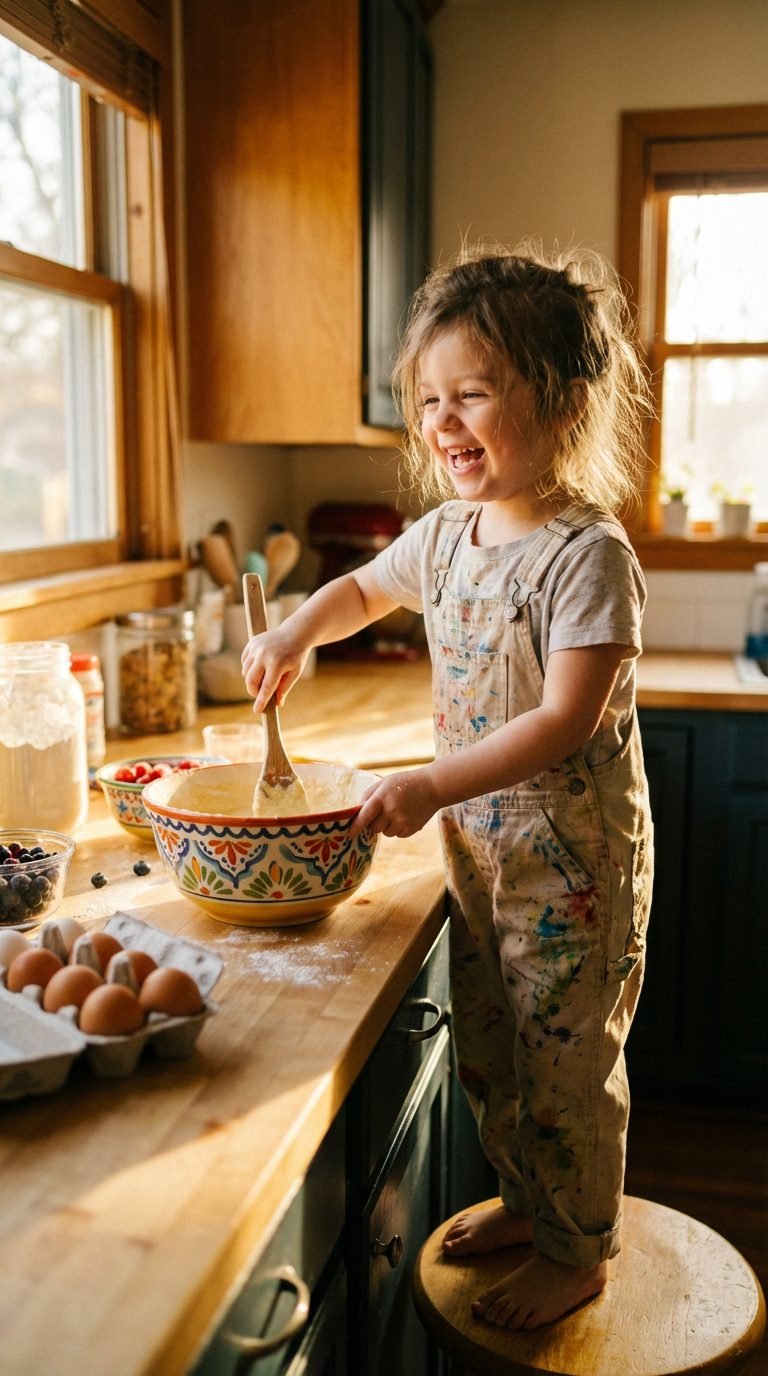 Child engaging in a fun cooking activity at home — How to Start Montessori at Home This Week Without Spending Anything.