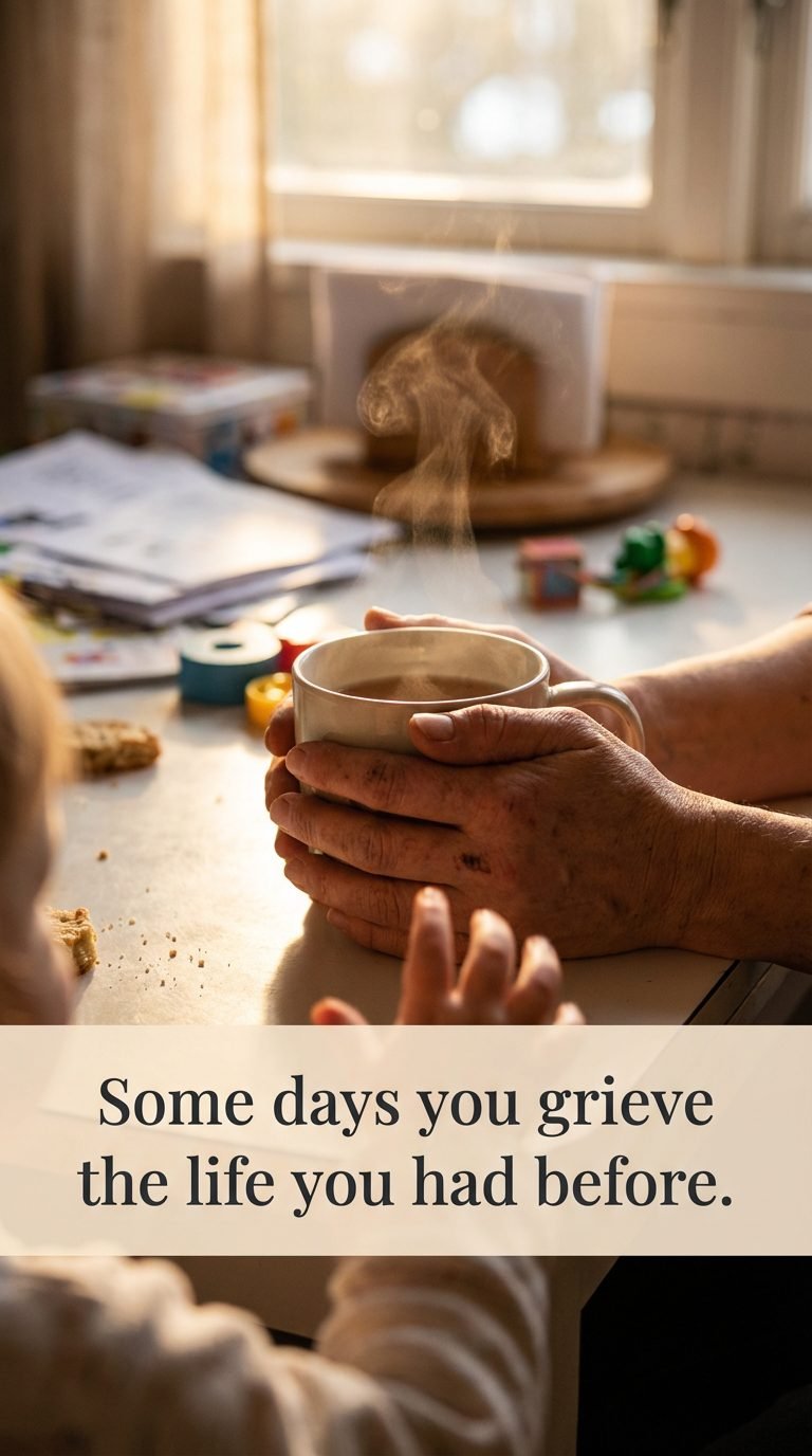 Mother feeling exhausted holding a cup of tea — mom exhaustion that never goes away.