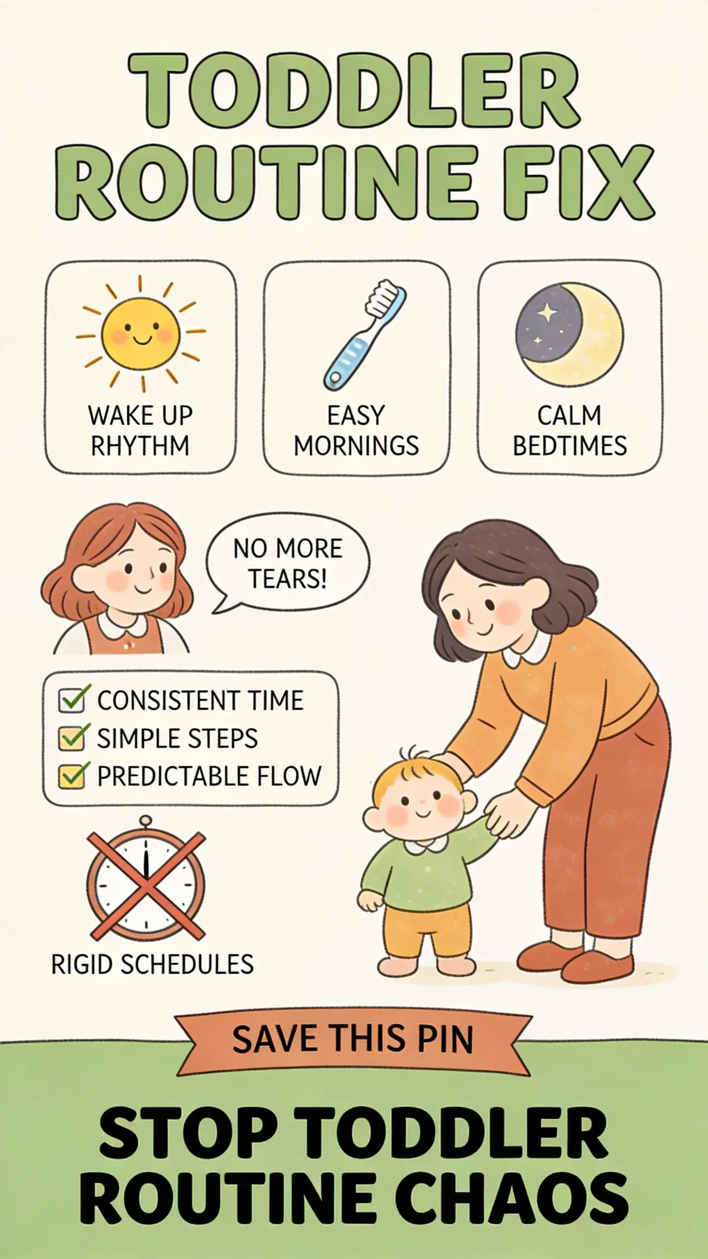 1. [TYPE]: Illustrated Editorial Infographic — Warm Doodle [STYLE]: flat hand-drawn illustrated infographic, no photography, doodle-style cartoon characters only — no photorealistic people [BASE]: vertical 9:16, ultra-tall Pinterest format, strong visual hierarchy optimized for mobile [PALETTE]: sage green + warm cream + terracotta accent, off-white background [SCENE]: Single illustrated infographic scene in warm hand-drawn sketch style — cream off-white background with thin imperfect charming outline illustrations. Large bold title at top: "TODDLER ROUTINE FIX". Three key tips from the article rendered as separate visual vignettes across the image: a smiling sun icon with label "WAKE UP RHYTHM", a toothbrush icon with label "EASY MORNINGS", and a moon icon with label "CALM BEDTIMES". A speech bubble near a doodle parent character says "NO MORE TEARS!". One checklist section with 3 checkable items and tiny icons: "CONSISTENT TIME", "SIMPLE STEPS", "PREDICTABLE FLOW". One crossed-out banned element: a clock with an 'X' over it, labeled "RIGID SCHEDULES". Warm relatable cartoon female character in center, gently guiding a small cartoon toddler. Bottom banner ribbon with text SAVE THIS PIN. All internal text maximum 4 words per label. Style feels like New Yorker sketch meets Pinterest mom infographic — warm, charming, slightly imperfect, human. [OVERLAY]: text says exactly: "STOP TODDLER ROUTINE CHAOS" — bold sans-serif, high contrast, bottom banner area [LIGHT]: flat clean even digital illustration lighting, no shadows, warm and bright [MOOD]: warm, actionable, saveable, friendly authority QUALITY: high-resolution Pinterest-ready, 8K, single continuous illustrated scene, no collage, no split screen, no panels, no watermarks, no logos, no photorealistic elements --- 2. [TYPE]: Illustrated Editorial Infographic — Minimal Clean System [STYLE]: flat minimal illustrated infographic, no photography, thin precise line icons, geometric and systematic feeling — completely different visual execution from Prompt 1 [BASE]: vertical 9:16, ultra-tall Pinterest format, strong visual hierarchy optimized for mobile [PALETTE]: dusty rose + soft white + gold accent, clean white background [SCENE]: Single minimal infographic scene on clean white background with thin precise line illustrations. Bold structured title at top: "TODDLER ROUTINE SECRETS". Five numbered steps each inside its own clean outlined rounded box, arranged vertically with thin connecting arrows: 1. "START SMALL" (with a tiny sprout icon), 2. "CONSISTENT TIMES" (with a clock icon), 3. "VISUAL CUES" (with an eye icon), 4. "EMPOWER CHOICE" (with a hand icon), 5. "CELEBRATE WINS" (with a star icon). One highlighted key insight inside a gold rounded badge: "PREDICTABILITY IS KEY". Arrow indicators connecting steps to show progression. Bottom section with one key bold takeaway statement: "SIMPLE WORKS BEST". All text maximum 4 words per element. Style feels designed by a minimalist systems thinker — clinical precision, zero clutter, high white space, authoritative and trustworthy. [OVERLAY]: text says exactly: "WHY ROUTINES FAIL?" — bold sans-serif, high contrast, top or bottom area [LIGHT]: flat clean digital lighting, pure white background, no shadows, crisp and precise [MOOD]: structured, trustworthy, authoritative, clean QUALITY: high-resolution Pinterest-ready, 8K, single continuous illustrated scene, no collage, no split screen, no panels, no watermarks, no logos, no photorealistic elements --- 3. [TYPE]: Bold Typography Pin [STYLE]: pure typography dominant design, no illustrations, no photography, minimal background only [BASE]: vertical 9:16, ultra-tall Pinterest format, strong visual hierarchy optimized for mobile [PALETTE]: deep charcoal + pure white + one single bold accent color (bright teal) [LAYOUT]: editorial full-bleed layout — oversized background word or number fills two thirds of image, sharp contrasting headline band across center, smaller supporting subtext below, subtle geometric divider lines only [SCENE]: Pure typographic composition directly connected to article topic. One giant oversized word "ROUTINE" as background element filling most of the image in very light tint of charcoal. Bold high-contrast headline band across the center in bright teal with white text stating the core promise: "3 SIMPLE STEPS WORK". Supporting subtext below headline in smaller white text: "FINALLY CALM MORNINGS". Subtle thin geometric lines in white as dividers above and below the headline band — no icons, no illustrations. Maximum 2 colors used across entire design. Extreme visual tension through scale contrast between giant background element and sharp foreground headline. [OVERLAY]: text says exactly: "3 SIMPLE STEPS WORK" — ultra bold sans-serif, center placement, maximum contrast [LIGHT]: flat clean digital, solid or very subtle gradient background, no photographic lighting [MOOD]: urgent, bold, scroll-stopping, high tension QUALITY: high-resolution Pinterest-ready, 8K, single continuous typographic design, no collage, no split screen, no panels, no watermarks, no logos --- 4. [TYPE]: Tension Lifestyle Visual [STYLE]: realistic lifestyle photography, real people, candid moment only — never posed [BASE]: vertical 9:16, ultra-tall Pinterest format [PALETTE]: muted sky blue + warm beige + navy accent — natural home tones [SCENE]: One single continuous candid lifestyle photograph directly connected to the PROBLEM STATE described in the article. A parent, looking utterly exhausted and frustrated, sits on the kitchen floor amidst a chaotic morning scene. A toddler, mid-tantrum, is pulling clothes out of a laundry basket next to them. Breakfast cereal is spilled on the table, and a half-eaten banana lies on the floor. The clock on the wall shows 8:30 AM. The parent's face is buried in their hands, conveying overwhelming stress and defeat. The home setting is real and imperfect with natural clutter and authentic emotion. [OVERLAY]: text says exactly: "STOP DOING THIS NOW" — bold sans-serif, white text, burned into darkest area of photograph [LIGHT]: harsh morning kitchen light streaming in from a window, creating strong shadows and highlighting the disarray, adding to the feeling of chaos. [MOOD]: raw, relatable, honest, tension-filled QUALITY: photorealistic, 8K, shallow depth of field, warm film photography aesthetic, single continuous scene, no collage, no split screen, no panels, no watermarks, no logos --- 5. [TYPE]: Transformation Visual [STYLE]: realistic lifestyle photography, real people, candid moment only — never posed [BASE]: vertical 9:16, ultra-tall Pinterest format [PALETTE]: warm peach + soft sage + dark brown — natural home tones, warmer and calmer than Prompt 4 [SCENE]: One single continuous candid lifestyle photograph directly connected to the RELIEF STATE of the article topic. A parent sits calmly on a soft rug in a child's bedroom, gently reading a storybook to a toddler tucked cozily into bed. The room is tidy and inviting. A simple, hand-drawn bedtime routine chart with icons (bath, book, bed) is visible on the wall beside the bed. The parent has a soft, peaceful smile, and the toddler looks content and sleepy. The overall feeling is one of calm, structure restored, and gentle connection. [OVERLAY]: text says exactly: "THIS ROUTINE WORKS" — bold sans-serif, white or dark text, burned into lightest or darkest area of photograph [LIGHT]: warm soft natural light, golden morning light through a kitchen window, casting a gentle glow on the scene, creating a peaceful and hopeful atmosphere. [MOOD]: calm, hopeful, resolved, quietly triumphant QUALITY: photorealistic, 8K, shallow depth of field, warm pastel tones, film photography aesthetic, single continuous scene, no collage, no split screen, no panels, no watermarks, no logos