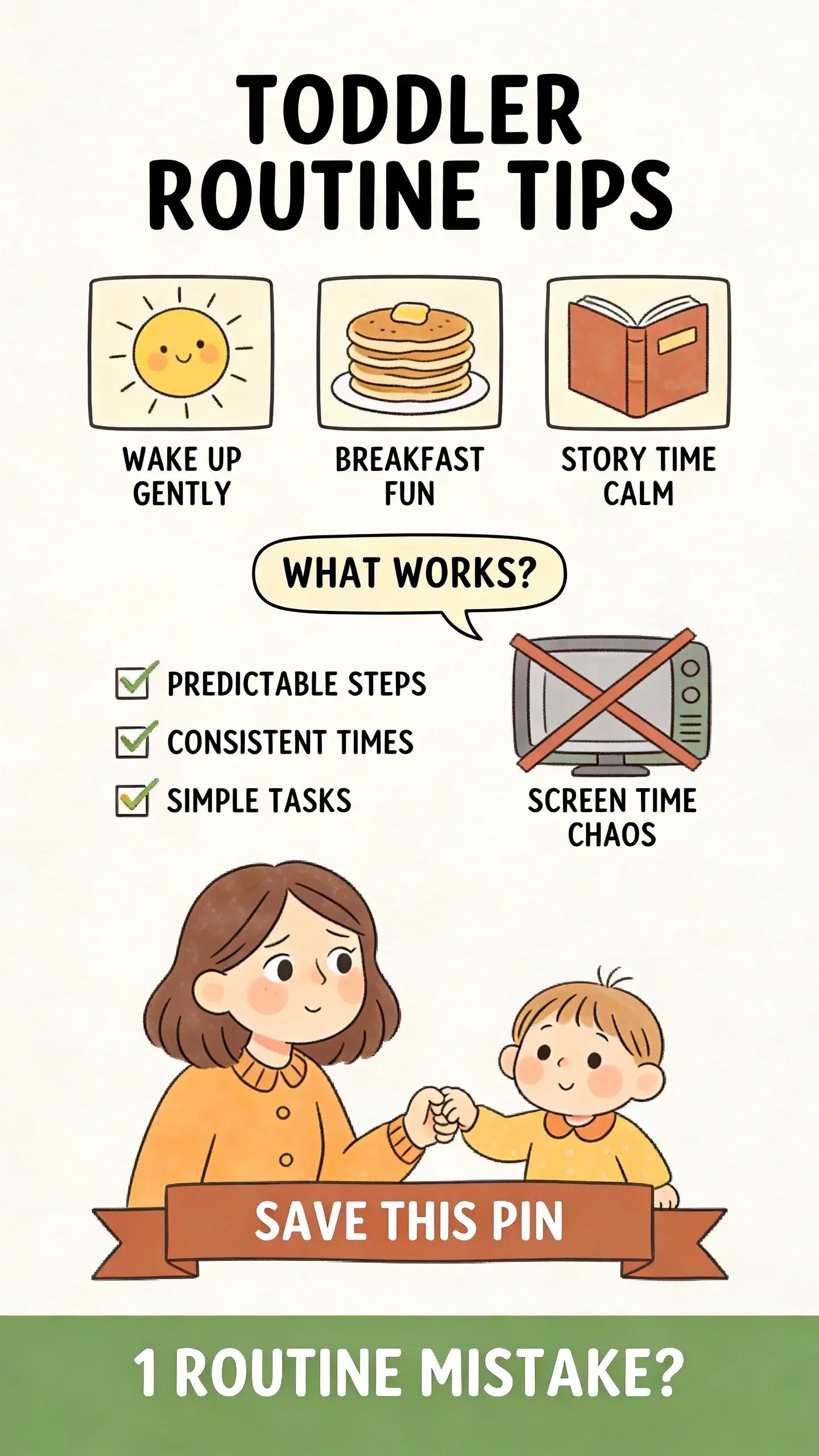 1. [TYPE]: Illustrated Editorial Infographic — Warm Doodle [STYLE]: flat hand-drawn illustrated infographic, no photography, doodle-style cartoon characters only — no photorealistic people [BASE]: vertical 9:16, ultra-tall Pinterest format, strong visual hierarchy optimized for mobile [PALETTE]: sage green + warm cream + terracotta accent, off-white background [SCENE]: Single illustrated infographic scene in warm hand-drawn sketch style — cream off-white background with thin imperfect charming outline illustrations. Large bold title at top in 2 lines maximum: "TODDLER ROUTINE TIPS". Three key tips from the article rendered as separate visual vignettes across the image: a smiling sun for "WAKE UP GENTLY", a stack of pancakes for "BREAKFAST FUN", and a book for "STORY TIME CALM". Each vignette has a small doodle illustration and a short label of maximum 4 words. A speech bubble near the center contains the text "WHAT WORKS?". One checklist section with 3 checkable items and tiny icons per item: "PREDICTABLE STEPS", "CONSISTENT TIMES", "SIMPLE TASKS". One crossed-out banned element relevant to the article topic: a TV screen with "SCREEN TIME CHAOS" crossed out. A warm relatable cartoon female character, a mom with slightly tired but hopeful eyes, is in the lower section, holding a toddler's hand. Bottom banner ribbon with text SAVE THIS PIN. All internal text maximum 4 words per label. Style feels like New Yorker sketch meets Pinterest mom infographic — warm, charming, slightly imperfect, human. [OVERLAY]: text says exactly: "1 ROUTINE MISTAKE?" — bold sans-serif, high contrast, bottom banner area [LIGHT]: flat clean even digital illustration lighting, no shadows, warm and bright [MOOD]: warm, actionable, saveable, friendly authority QUALITY: high-resolution Pinterest-ready, 8K, single continuous illustrated scene, no collage, no split screen, no panels, no watermarks, no logos, no photorealistic elements --- 2. [TYPE]: Illustrated Editorial Infographic — Minimal Clean System [STYLE]: flat minimal illustrated infographic, no photography, thin precise line icons, geometric and systematic feeling — completely different visual execution from Prompt 1 [BASE]: vertical 9:16, ultra-tall Pinterest format, strong visual hierarchy optimized for mobile [PALETTE]: dusty rose + soft white + gold accent, clean white background [SCENE]: Single minimal infographic scene on clean white background with thin precise line illustrations. Bold structured title at top: "SIMPLE TODDLER ROUTINE". Five numbered steps each inside its own clean outlined rectangle or rounded box, connected by subtle gold arrows showing progression. Each box contains one minimal line icon and a short label of maximum 4 words directly connected to article topic: 1. "CONSISTENT WAKE", 2. "MORNING TASKS", 3. "QUIET TIME", 4. "EVENING PREP", 5. "BEDTIME RITUAL". One highlighted key insight or stat inside a gold circle badge: "PREDICTABILITY IS KEY". Bottom section with one key bold takeaway statement: "CALM DAYS START HERE". All text maximum 4 words per element. Style feels designed by a minimalist systems thinker — clinical precision, zero clutter, high white space, authoritative and trustworthy. [OVERLAY]: text says exactly: "WHY ROUTINES FAIL?" — bold sans-serif, high contrast, top or bottom area [LIGHT]: flat clean digital lighting, pure white background, no shadows, crisp and precise [MOOD]: structured, trustworthy, authoritative, clean QUALITY: high-resolution Pinterest-ready, 8K, single continuous illustrated scene, no collage, no split screen, no panels, no watermarks, no logos, no photorealistic elements --- 3. [TYPE]: Bold Typography Pin [STYLE]: pure typography dominant design, no illustrations, no photography, minimal background only [BASE]: vertical 9:16, ultra-tall Pinterest format, strong visual hierarchy optimized for mobile [PALETTE]: deep charcoal + pure white + one single bold accent color: bright orange [LAYOUT]: editorial full-bleed layout — oversized background word "ROUTINE" fills two thirds of image in a very light charcoal tint. A sharp contrasting headline band, in pure white text on a deep charcoal rectangle, spans across the center. Smaller supporting subtext in pure white below the headline band: "FINALLY WORKS". Subtle thin geometric lines in bright orange act as dividers only, framing the headline band. Maximum 2 colors used across entire design (charcoal, white, with orange accent lines). Extreme visual tension through scale contrast between giant background element and sharp foreground headline. [OVERLAY]: text says exactly: "3 SIMPLE STEPS WORK" — ultra bold sans-serif, center placement, maximum contrast [LIGHT]: flat clean digital, solid or very subtle gradient background, no photographic lighting [MOOD]: urgent, bold, scroll-stopping, high tension QUALITY: high-resolution Pinterest-ready, 8K, single continuous typographic design, no collage, no split screen, no panels, no watermarks, no logos --- 4. [TYPE]: Tension Lifestyle Visual [STYLE]: realistic lifestyle photography, real people, candid moment only — never posed [BASE]: vertical 9:16, ultra-tall Pinterest format [PALETTE]: muted sky blue + warm beige + navy accent — natural home tones [SCENE]: One single continuous candid lifestyle photograph directly connected to the PROBLEM STATE described in the article. A tired young mother, disheveled hair, sits slumped on the floor in a messy living room, surrounded by scattered toddler toys and half-eaten breakfast on a low table. Her toddler is having a full-blown tantrum, lying on the floor kicking and screaming, face red, near the mother's feet. The room is dimly lit by a flat, grey, overcast morning light coming through a window, emphasizing the dreary mood and chaos. The mother has her head in her hands, looking utterly overwhelmed and defeated. A half-empty coffee mug sits precariously close to the tantrum. The scene captures the raw, honest struggle of a chaotic morning routine gone wrong, full of visible stress and overwhelm. [OVERLAY]: text says exactly: "STOP MORNING MADNESS" — bold sans-serif, white text, burned into darkest area of photograph [LIGHT]: flat grey rainy day light coming from a window, creating soft, even shadows and a muted atmosphere [MOOD]: raw, relatable, honest, tension-filled QUALITY: photorealistic, 8K, shallow depth of field, warm film photography aesthetic, single continuous scene, no collage, no split screen, no panels, no watermarks, no logos --- 5. [TYPE]: Transformation Visual [STYLE]: realistic lifestyle photography, real people, candid moment only — never posed [BASE]: vertical 9:16, ultra-tall Pinterest format [PALETTE]: warm peach + soft sage + dark brown — natural home tones, warmer and calmer than Prompt 4 [SCENE]: One single continuous candid lifestyle photograph directly connected to the RELIEF STATE of the article topic. A serene young mother, with a gentle, soft smile, is calmly helping her toddler put away colorful wooden blocks into a labeled, soft sage green bin in a tidy, sun-drenched playroom. The room is organized, with warm peach walls and dark brown wooden toys neatly arranged on low shelves. A simple, illustrated morning routine chart, showing completed steps with checkmarks, is subtly visible on the wall in the background. Golden morning light streams warmly through a large window, creating a hopeful, inviting glow across the scene. The toddler is calmly engaged in the activity, a stark contrast to previous tension. The mother's posture is relaxed and open, reflecting a sense of peace and quiet accomplishment. [OVERLAY]: text says exactly: "CALM MORNINGS HAPPEN" — bold sans-serif, white text, burned into darkest area of photograph [LIGHT]: warm soft natural light, golden morning light through a large kitchen window, casting gentle, long shadows and creating a bright, inviting atmosphere [MOOD]: calm, hopeful, resolved, quietly triumphant QUALITY: photorealistic, 8K, shallow depth of field, warm pastel tones, film photography aesthetic, single continuous scene, no collage, no split screen, no panels, no watermarks, no logos