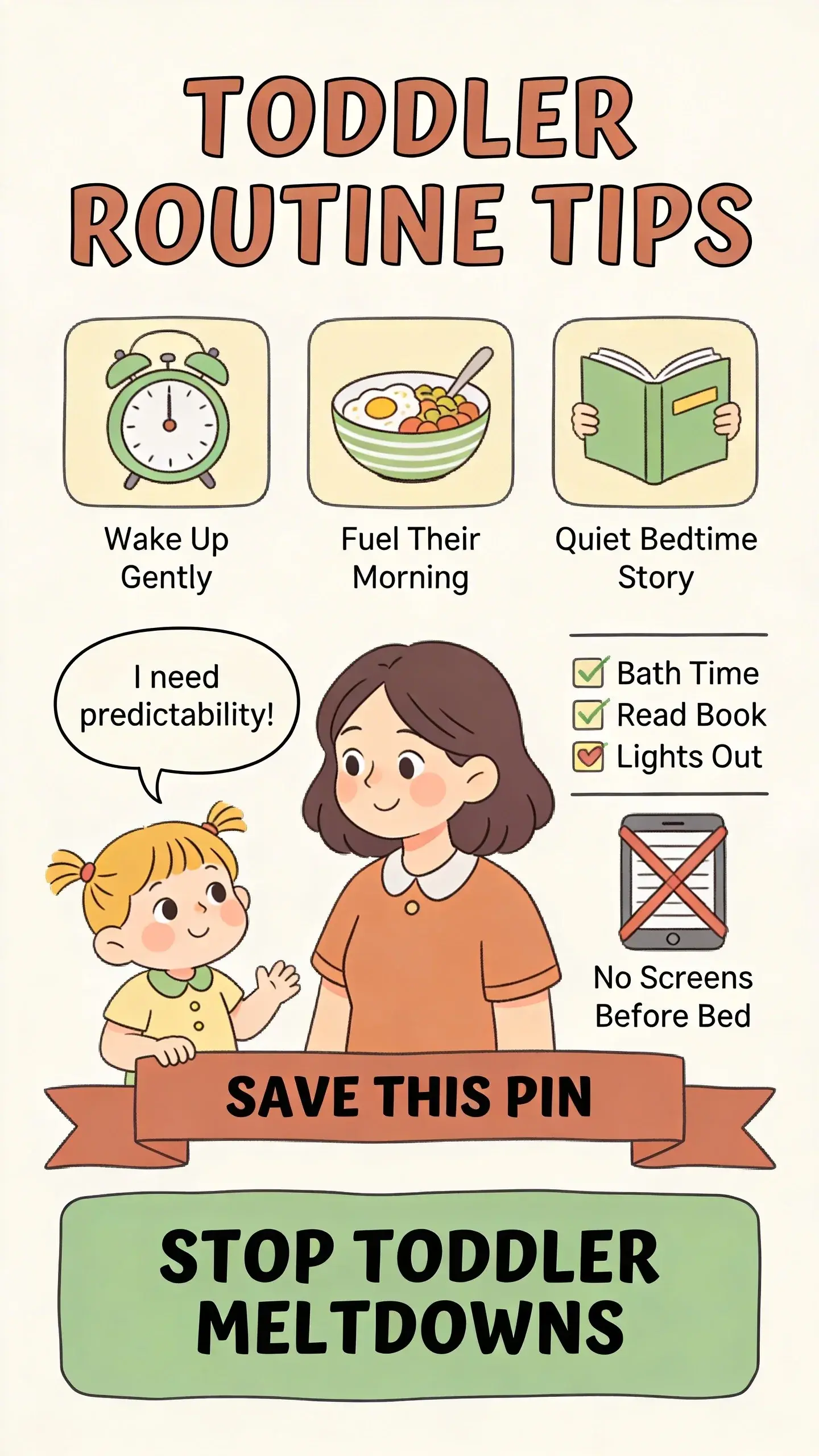 1. [TYPE]: Illustrated Editorial Infographic — Warm Doodle [STYLE]: flat hand-drawn illustrated infographic, no photography, doodle-style cartoon characters only — no photorealistic people [BASE]: vertical 9:16, ultra-tall Pinterest format, strong visual hierarchy optimized for mobile [PALETTE]: sage green + warm cream + terracotta accent, off-white background [SCENE]: Single illustrated infographic scene in warm hand-drawn sketch style — cream off-white background with thin imperfect charming outline illustrations. Large bold title at top: "TODDLER ROUTINE TIPS". Three key tips from the article rendered as separate visual vignettes across the image: a gentle alarm clock doodle with label "Wake Up Gently", a breakfast bowl doodle with label "Fuel Their Morning", and a parent reading a book doodle with label "Quiet Bedtime Story". A speech bubble from a cartoon toddler character saying "I need predictability!". One checklist section with 3 checkable items and tiny icons: "Bath Time", "Read Book", "Lights Out". One crossed-out banned element: a tablet device with label "No Screens Before Bed". Warm relatable cartoon female character (mother) in center, looking reassuring. Bottom banner ribbon with text SAVE THIS PIN. All internal text maximum 4 words per label. Style feels like New Yorker sketch meets Pinterest mom infographic — warm, charming, slightly imperfect, human. [OVERLAY]: text says exactly: "STOP TODDLER MELTDOWNS" — bold sans-serif, high contrast, bottom banner area [LIGHT]: flat clean even digital illustration lighting, no shadows, warm and bright [MOOD]: warm, actionable, saveable, friendly authority QUALITY: high-resolution Pinterest-ready, 8K, single continuous illustrated scene, no collage, no split screen, no panels, no watermarks, no logos, no photorealistic elements --- 2. [TYPE]: Illustrated Editorial Infographic — Minimal Clean System [STYLE]: flat minimal illustrated infographic, no photography, thin precise line icons, geometric and systematic feeling — completely different visual execution from Prompt 1 [BASE]: vertical 9:16, ultra-tall Pinterest format, strong visual hierarchy optimized for mobile [PALETTE]: dusty rose + soft white + gold accent, clean white background [SCENE]: Single minimal infographic scene on clean white background with thin precise line illustrations. Bold structured title at top: "ROUTINE SIMPLIFIED". Five numbered steps each inside its own clean outlined rectangle or rounded box — each box contains one minimal line icon and a short label: "1. Predictable Flow", "2. Keep It Simple", "3. Be Consistent", "4. Positive Reinforcement", "5. Early Bedtime". One highlighted key insight inside a gold-outlined circle: "Consistency is Key". A precise arrow indicator connecting steps 1 through 5 to show progression. Bottom section with one key bold takeaway statement: "Works For Every Toddler". All text maximum 4 words per element. Style feels designed by a minimalist systems thinker — clinical precision, zero clutter, high white space, authoritative and trustworthy. [OVERLAY]: text says exactly: "WHY 5 ROUTINES FAIL?" — bold sans-serif, high contrast, top or bottom area [LIGHT]: flat clean digital lighting, pure white background, no shadows, crisp and precise [MOOD]: structured, trustworthy, authoritative, clean QUALITY: high-resolution Pinterest-ready, 8K, single continuous illustrated scene, no collage, no split screen, no panels, no watermarks, no logos, no photorealistic elements --- 3. [TYPE]: Bold Typography Pin [STYLE]: pure typography dominant design, no illustrations, no photography, minimal background only [BASE]: vertical 9:16, ultra-tall Pinterest format, strong visual hierarchy optimized for mobile [PALETTE]: deep charcoal + pure white + one single bold accent color (bright teal) [LAYOUT]: editorial full-bleed layout — oversized background word or number fills two thirds of image, sharp contrasting headline band across center, smaller supporting subtext below, subtle geometric divider lines only [SCENE]: Pure typographic composition directly connected to article topic. One giant oversized number "3" as background element filling most of the image in a very light charcoal tint. Bold high-contrast headline band in pure white across center stating "ROUTINE SECRETS REVEALED" in bold sans-serif font. Supporting subtext in smaller weight below headline: "Simple Steps That Work". Subtle thin geometric lines in bright teal as dividers above and below headline band — no icons, no illustrations. Maximum 2 colors used across entire design (charcoal, white, teal accent). Extreme visual tension through scale contrast between giant background element and sharp foreground headline. [OVERLAY]: text says exactly: "3 ROUTINE SECRETS" — ultra bold sans-serif, center placement, maximum contrast [LIGHT]: flat clean digital, solid or very subtle gradient background, no photographic lighting [MOOD]: urgent, bold, scroll-stopping, high tension QUALITY: high-resolution Pinterest-ready, 8K, single continuous typographic design, no collage, no split screen, no panels, no watermarks, no logos --- 4. [TYPE]: Tension Lifestyle Visual [STYLE]: realistic lifestyle photography, real people, candid moment only — never posed [BASE]: vertical 9:16, ultra-tall Pinterest format [PALETTE]: muted sky blue + warm beige + navy accent — natural home tones [SCENE]: One single continuous candid lifestyle photograph directly connected to the PROBLEM STATE of toddler routine struggles. A young mother, looking visibly exasperated with disheveled hair, is trying to coax a screaming toddler who is kicking off their shoes in a messy living room. Toys are scattered across the rug, a half-finished breakfast bowl is overturned on the coffee table, and the clock on the wall shows 7:30 AM. The morning light is harsh and bright, streaming in from a window, highlighting the dust motes in the air and the palpable tension and chaos of a morning meltdown. [OVERLAY]: text says exactly: "STOP DOING THIS NOW" — bold sans-serif, white text, burned into darkest area of photograph [LIGHT]: natural directional light specific to time of day of scene — harsh morning kitchen light, streaming in from a window [MOOD]: raw, relatable, honest, tension-filled QUALITY: photorealistic, 8K, shallow depth of field, warm film photography aesthetic, single continuous scene, no collage, no split screen, no panels, no watermarks, no logos --- 5. [TYPE]: Transformation Visual [STYLE]: realistic lifestyle photography, real people, candid moment only — never posed [BASE]: vertical 9:16, ultra-tall Pinterest format [PALETTE]: warm peach + soft sage + dark brown — natural home tones, warmer and calmer than Prompt 4 [SCENE]: One single continuous candid lifestyle photograph directly connected to the RELIEF STATE of a successful toddler routine. A serene scene in a toddler's bedroom during bedtime. A parent, with a gentle, relaxed smile, is sitting on a soft rug, reading a storybook to a calm, cozy toddler nestled beside them, both looking content. The room is tidy, with a small, child-friendly chart on the wall showing a simple bedtime checklist (bath, book, bed) with a checkmark next to 'book', subtly referencing the routine. Warm, soft golden light filters in from a bedside lamp, casting a peaceful glow over the scene, creating a sense of calm and resolution. [OVERLAY]: text says exactly: "THIS ROUTINE WORKS" — bold sans-serif, white or dark text, burned into lightest or darkest area of photograph [LIGHT]: warm soft natural light — golden morning light through a kitchen window OR soft afternoon light through linen curtains — describe exactly, warmer and more hopeful than Prompt 4 [MOOD]: calm, hopeful, resolved, quietly triumphant QUALITY: photorealistic, 8K, shallow depth of field, warm pastel tones, film photography aesthetic, single continuous scene, no collage, no split screen, no panels, no watermarks, no logos