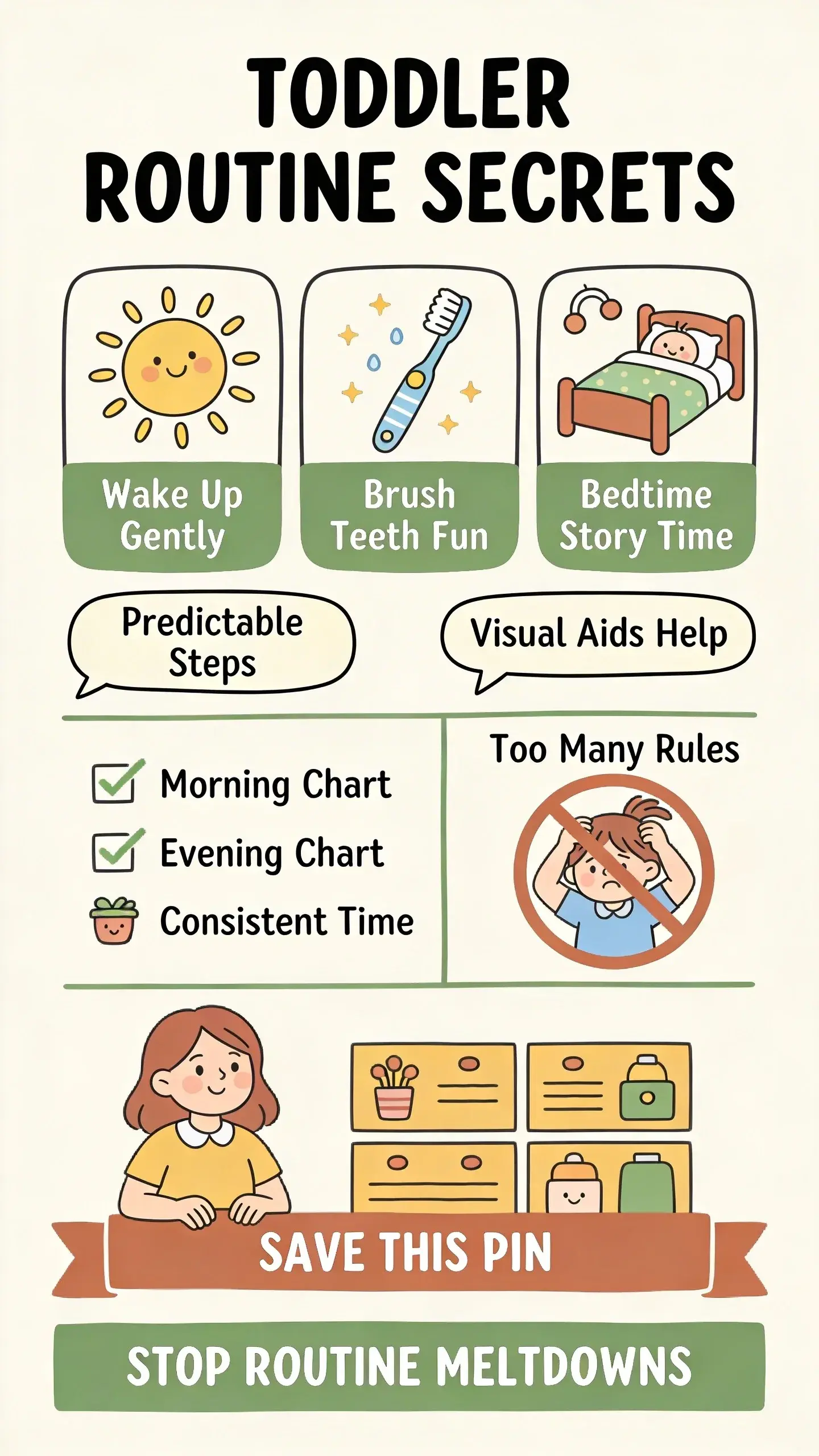 1. [TYPE]: Illustrated Editorial Infographic — Warm Doodle [STYLE]: flat hand-drawn illustrated infographic, no photography, doodle-style cartoon characters only — no photorealistic people [BASE]: vertical 9:16, ultra-tall Pinterest format, strong visual hierarchy optimized for mobile [PALETTE]: sage green + warm cream + terracotta accent, off-white background [SCENE]: Single illustrated infographic scene in warm hand-drawn sketch style — cream off-white background with thin imperfect charming outline illustrations. Large bold title at top in 2 lines maximum: "TODDLER ROUTINE SECRETS". Three key tips from the article rendered as separate visual vignettes across the image: a doodle of a smiling sun with "Wake Up Gently" label, a toothbrush doodle with "Brush Teeth Fun" label, and a bed doodle with "Bedtime Story Time" label. Speech bubbles containing short punchy text like "Predictable Steps" and "Visual Aids Help". One checklist section with 3 checkable items: "Morning Chart", "Evening Chart", "Consistent Time" with tiny icons. One crossed-out banned element: a frustrated parent pulling hair with "Too Many Rules" text. Warm relatable cartoon female character (mom) in the lower section, looking calm and organized. Bottom banner ribbon with text SAVE THIS PIN. All internal text maximum 4 words per label. Style feels like New Yorker sketch meets Pinterest mom infographic — warm, charming, slightly imperfect, human. [OVERLAY]: text says exactly: "STOP ROUTINE MELTDOWNS" — bold sans-serif, high contrast, bottom banner area [LIGHT]: flat clean even digital illustration lighting, no shadows, warm and bright [MOOD]: warm, actionable, saveable, friendly authority QUALITY: high-resolution Pinterest-ready, 8K, single continuous illustrated scene, no collage, no split screen, no panels, no watermarks, no logos, no photorealistic elements --- 2. [TYPE]: Illustrated Editorial Infographic — Minimal Clean System [STYLE]: flat minimal illustrated infographic, no photography, thin precise line icons, geometric and systematic feeling — completely different visual execution from Prompt 1 [BASE]: vertical 9:16, ultra-tall Pinterest format, strong visual hierarchy optimized for mobile [PALETTE]: dusty rose + soft white + gold accent, clean white background [SCENE]: Single minimal infographic scene on clean white background with thin precise line illustrations. Bold structured title at top: "ROUTINE SIMPLICITY". Five numbered steps, each inside its own clean outlined rectangle or rounded box: "1. Keep It Short" with a clock icon, "2. Use Visuals" with an eye icon, "3. Be Consistent" with a calendar icon, "4. Offer Choices" with a choice icon, "5. Wind Down Calmly" with a moon icon. One highlighted key insight inside a circle: "Predictability Is Key". Arrow or flow indicator connecting steps to show progression. Bottom section with one key bold takeaway statement: "Toddlers Thrive On Structure". All text maximum 4 words per element. Style feels designed by a minimalist systems thinker — clinical precision, zero clutter, high white space, authoritative and trustworthy. [OVERLAY]: text says exactly: "WHY ROUTINES FAIL?" — bold sans-serif, high contrast, top or bottom area [LIGHT]: flat clean digital lighting, pure white background, no shadows, crisp and precise [MOOD]: structured, trustworthy, authoritative, clean QUALITY: high-resolution Pinterest-ready, 8K, single continuous illustrated scene, no collage, no split screen, no panels, no watermarks, no logos, no photorealistic elements --- 3. [TYPE]: Bold Typography Pin [STYLE]: pure typography dominant design, no illustrations, no photography, minimal background only [BASE]: vertical 9:16, ultra-tall Pinterest format, strong visual hierarchy optimized for mobile [PALETTE]: deep charcoal + pure white + one single bold accent color (e.g., a vibrant mustard yellow) [LAYOUT]: editorial full-bleed layout — oversized background word or number fills two thirds of image, sharp contrasting headline band across center, smaller supporting subtext below, subtle geometric divider lines only [SCENE]: Pure typographic composition directly connected to article topic. One giant oversized number "3" as background element filling most of the image in a very light charcoal tint. Bold high-contrast headline band across the center in pure white on a solid charcoal rectangle: "STEPS FOR CALM". Supporting subtext in smaller white weight below headline: "MORNINGS AND BEDTIMES". Subtle thin geometric lines in mustard yellow as dividers only — no icons, no illustrations. Extreme visual tension through scale contrast between giant background element and sharp foreground headline. [OVERLAY]: text says exactly: "3 STEPS FOR CALM" — ultra bold sans-serif, center placement, maximum contrast [LIGHT]: flat clean digital, solid or very subtle gradient background, no photographic lighting [MOOD]: urgent, bold, scroll-stopping, high tension QUALITY: high-resolution Pinterest-ready, 8K, single continuous typographic design, no collage, no split screen, no panels, no watermarks, no logos --- 4. [TYPE]: Tension Lifestyle Visual [STYLE]: realistic lifestyle photography, real people, candid moment only — never posed [BASE]: vertical 9:16, ultra-tall Pinterest format [PALETTE]: muted sky blue + warm beige + navy accent — natural home tones [SCENE]: One single continuous candid lifestyle photograph directly connected to the PROBLEM STATE of toddler morning/bedtime routines. A dimly lit toddler's bedroom at dusk. A visibly exhausted parent, mid-30s, is trying to coax a resistant toddler, around 2-3 years old, into their bed. The toddler is arching their back, eyes wide, clutching a stuffed animal, clearly not wanting to settle. Toys are scattered on the floor, a half-read storybook lies open on the rug. The parent's face shows a mix of frustration and weariness, looking down at the struggling child. The scene captures the raw, honest chaos of a nightly bedtime battle. [OVERLAY]: text says exactly: "STOP BEDTIME BATTLES NOW" — bold sans-serif, white text, burned into darkest area of photograph [LIGHT]: natural directional light specific to time of day of scene — dim evening lamp light, casting long shadows, creating a sense of exhaustion and struggle [MOOD]: raw, relatable, honest, tension-filled QUALITY: photorealistic, 8K, shallow depth of field, warm film photography aesthetic, single continuous scene, no collage, no split screen, no panels, no watermarks, no logos --- 5. [TYPE]: Transformation Visual [STYLE]: realistic lifestyle photography, real people, candid moment only — never posed [BASE]: vertical 9:16, ultra-tall Pinterest format [PALETTE]: warm peach + soft sage + dark brown — natural home tones, warmer and calmer than Prompt 4 [SCENE]: One single continuous candid lifestyle photograph directly connected to the RELIEF STATE of the article topic. A bright, calm kitchen in the early morning. A parent, mid-30s, is gently helping their toddler, around 2-3 years old, brush their teeth at a small step stool by the sink. Both are smiling softly, relaxed, and making eye contact in a peaceful moment. A simple, colorful visual routine chart with icons for "brush teeth," "eat breakfast," "get dressed" is clearly visible on the fridge in the background. A half-eaten bowl of cereal sits on a clean counter. Golden morning light streams in through a window, illuminating the scene with a peaceful, hopeful glow, showing the calm after implementing a successful routine. [OVERLAY]: text says exactly: "FINALLY CALM MORNINGS" — bold sans-serif, dark text, burned into lightest area of photograph [LIGHT]: warm soft natural light — golden morning light streaming through a kitchen window, creating a hopeful and serene atmosphere [MOOD]: calm, hopeful, resolved, quietly triumphant QUALITY: photorealistic, 8K, shallow depth of field, warm pastel tones, film photography aesthetic, single continuous scene, no collage, no split screen, no panels, no watermarks, no logos
