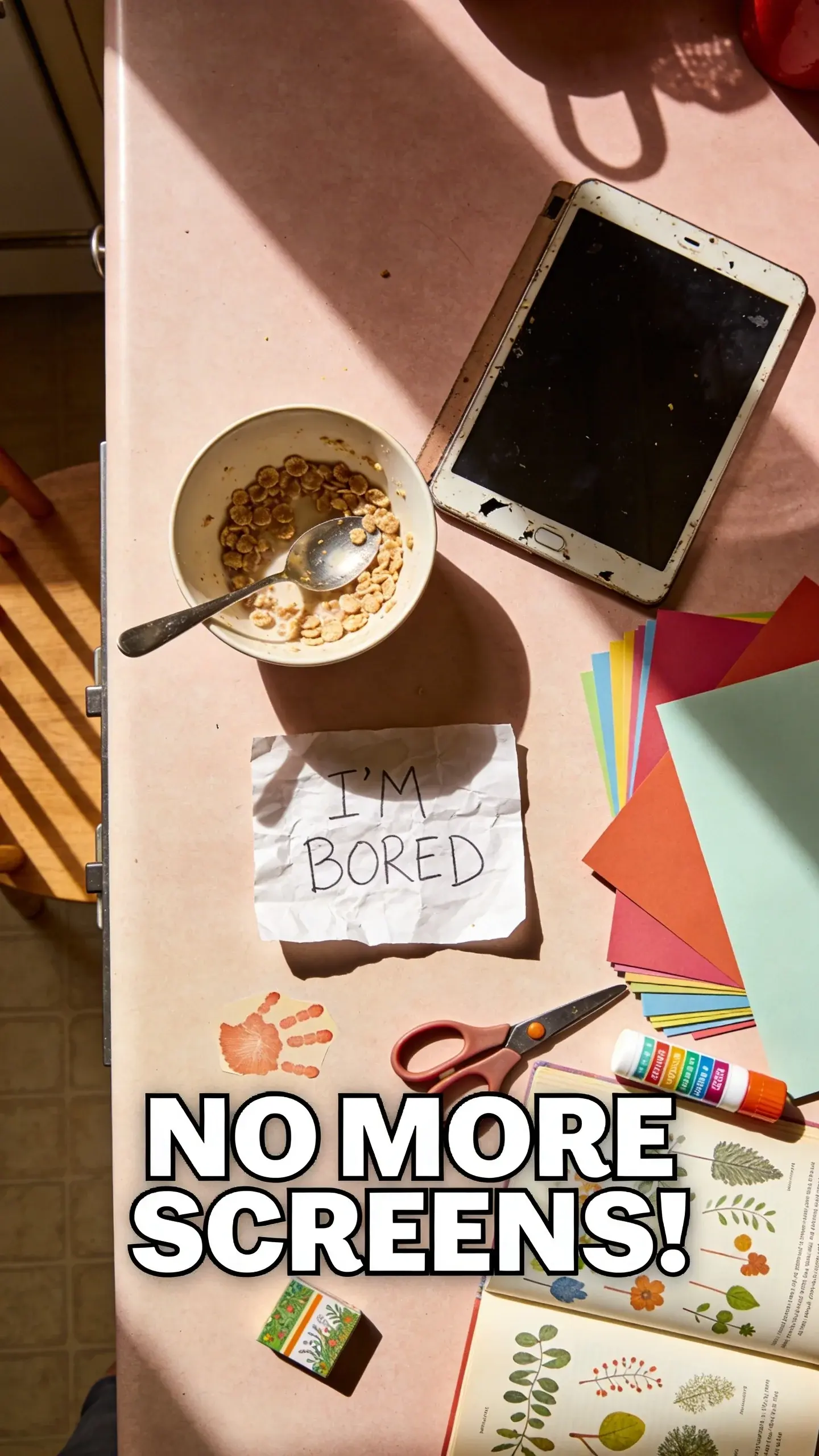**FLAT LAY OVERHEAD**: vertical 9:16, ultra-tall composition optimized for mobile Pinterest feed, **SCENE**: An overhead flat lay of a cluttered kitchen table on a sunny morning. A half-eaten bowl of cereal with a spoon, a discarded tablet pushed to the side, a crumpled "I'M BORED" drawing, but now a colorful stack of construction paper, safety scissors, non-toxic glue, and a small, open book of nature crafts are spread out, hinting at a new, screen-free direction. A small, sticky handprint is visible on the table surface. The scene evokes the transition from digital distraction to creative engagement. , **EMOTION HOOK**: "Guilt over endless screen time", **TOPIC PHRASE**: "Screen-Free Summer Solutions", **TEXT POSITION**: BOTTOM, **OVERLAY**: text says exactly: "NO MORE SCREENS!", bold sans-serif font, high contrast white text with dark outline or shadow so it is readable on mobile, **LIGHT**: Bright, natural morning light from a nearby window, casting soft shadows, **MOOD**: hopeful, organized chaos, relief, creative, **COLOR**: muted warm palette (dusty rose, cream, terracotta, soft sage, warm beige), gentle film grain, no logos, no watermarks photorealistic, 8K, shallow depth of field, film aesthetic, cinematic color grade, no logos, no watermarks