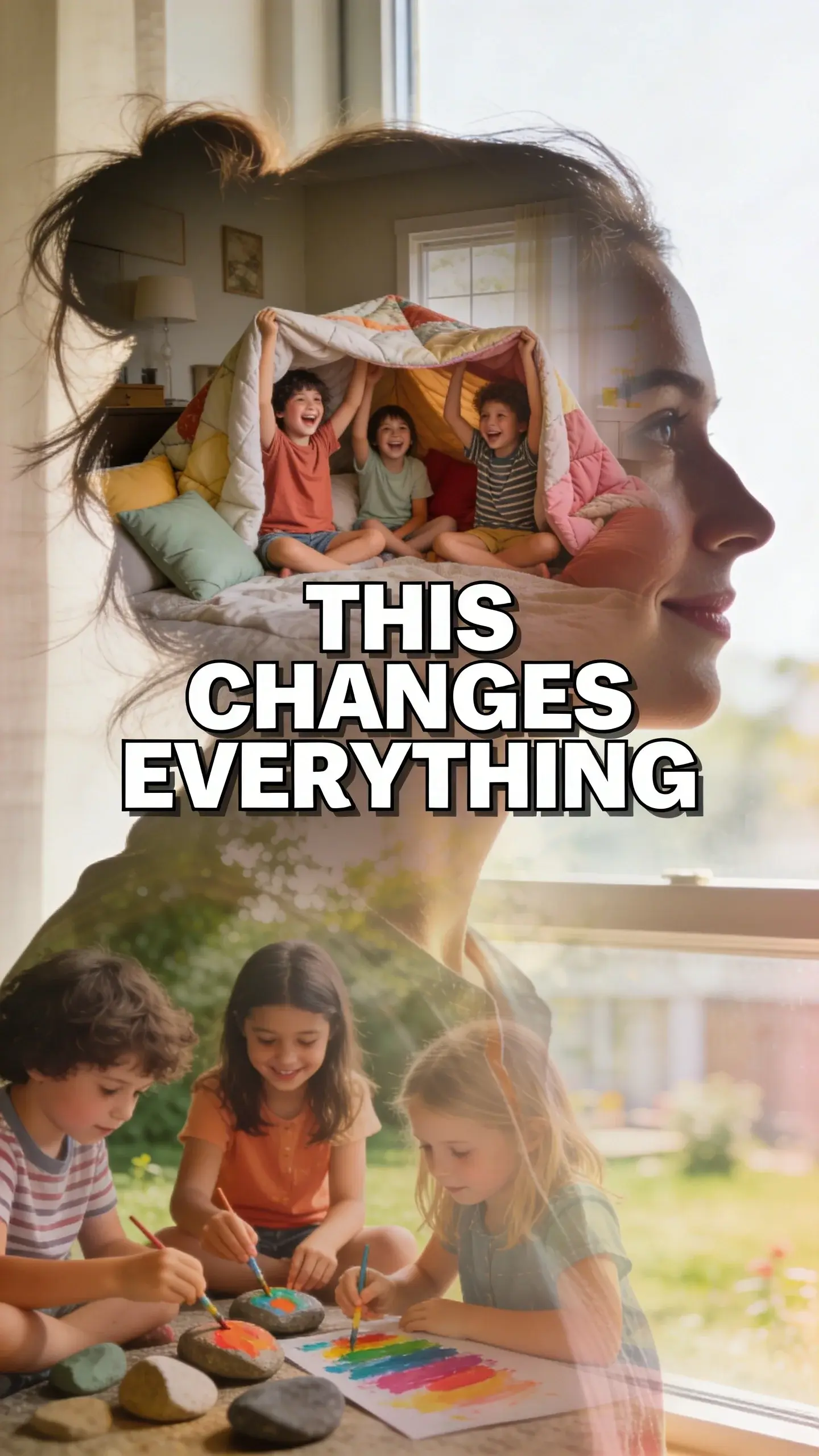 **DOUBLE EXPOSURE EMOTIONAL**: vertical 9:16, ultra-tall composition optimized for mobile Pinterest feed, **SCENE**: A close profile silhouette of a weary but loving mom or dad, gazing thoughtfully out a window with a faint smile, a few strands of hair escaping their messy bun. Their face shows a deep desire to make summer special. Overlaid softly onto their profile is a dreamlike, slightly blurred image of elementary kids (diverse group) laughing joyfully while building an elaborate fort from blankets and pillows in a sunlit living room, or painting rocks with vibrant colors outdoors. The overlay represents the parent's aspirations for a magical, screen-free summer. , **EMOTION HOOK**: "Fear of boring summer break", **TOPIC PHRASE**: "Unlock Summer Magic", **TEXT POSITION**: CENTER, **OVERLAY**: text says exactly: "THIS CHANGES EVERYTHING", bold sans-serif font, high contrast white text with dark outline or shadow so it is readable on mobile, **LIGHT**: Soft, diffused morning light for the profile, bright and airy for the overlay, **MOOD**: hopeful, nostalgic, loving, slightly anxious, inspired, **COLOR**: muted warm palette (dusty rose, cream, terracotta, soft sage, warm beige), gentle film grain, no logos, no watermarks photorealistic, 8K, shallow depth of field, film aesthetic, cinematic color grade, no logos, no watermarks