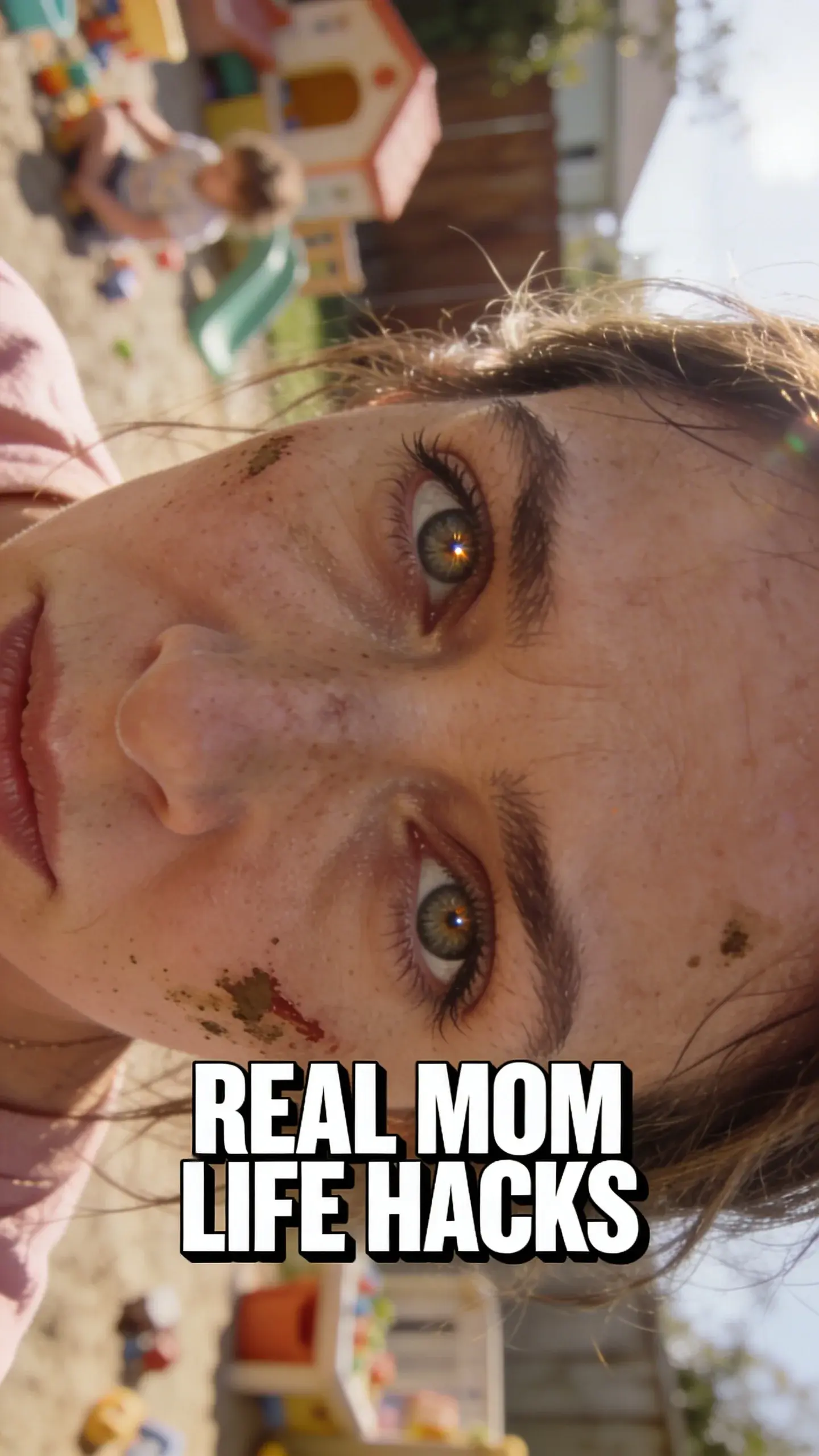 **CLOSE-UP FACE EMOTION**: vertical 9:16, ultra-tall composition optimized for mobile Pinterest feed, **SCENE**: An extreme close-up of a mom's face, her eyes in sharp focus, showing a complex mix of exhaustion and a determined, almost defiant spark. Her hair is slightly disheveled, a faint smear of mud or paint on her cheek, hinting at a recent outdoor or craft activity. The soft, blurred background suggests a sunlit backyard or a chaotic playroom, but her focus is intense, conveying the mental load of parenting combined with the resolve to keep her elementary kids engaged without screens. , **EMOTION HOOK**: "Overwhelmed mom burnout", **TOPIC PHRASE**: "Easy Kid Engagement", **TEXT POSITION**: BOTTOM-CENTER, **OVERLAY**: text says exactly: "REAL MOM LIFE HACKS", bold sans-serif font, high contrast white text with dark outline or shadow so it is readable on mobile, **LIGHT**: Soft, diffused natural light, emphasizing the textures of her skin and the emotion in her eyes, **MOOD**: exhausted but hopeful, determined, relatable, slightly overwhelmed, **COLOR**: muted warm palette (dusty rose, cream, terracotta, soft sage, warm beige), gentle film grain, no logos, no watermarks photorealistic, 8K, shallow depth of field, film aesthetic, cinematic color grade, no logos, no watermarks