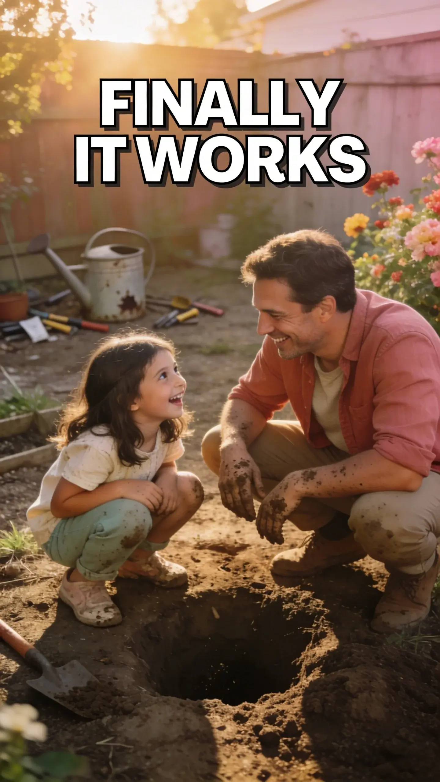**LIFESTYLE AUTHENTIC**: vertical 9:16, ultra-tall composition optimized for mobile Pinterest feed, **SCENE**: A candid, documentary-style shot in a slightly messy backyard during golden hour. A dad and his elementary-aged daughter (around 7-9) are crouched together near a small, half-dug hole, both covered in a bit of dirt. They are looking at each other, mid-laugh, their faces alight with genuine joy and connection. The daughter's eyes are wide with excitement, and the dad's smile is relaxed and full of love. In the background, a forgotten watering can, a few scattered gardening tools, and some blooming flowers add to the authentic, lived-in feel. , **EMOTION HOOK**: "Desire for genuine connection", **TOPIC PHRASE**: "Meaningful Summer Fun", **TEXT POSITION**: TOP, **OVERLAY**: text says exactly: "FINALLY IT WORKS", bold sans-serif font, high contrast white text with dark outline or shadow so it is readable on mobile, **LIGHT**: Warm, soft golden hour sunlight, creating a beautiful glow and long shadows, **MOOD**: joyful, connected, peaceful, loving, authentic, **COLOR**: muted warm palette (dusty rose, cream, terracotta, soft sage, warm beige), gentle film grain, no logos, no watermarks photorealistic, 8K, shallow depth of field, film aesthetic, cinematic color grade, no logos, no watermarks